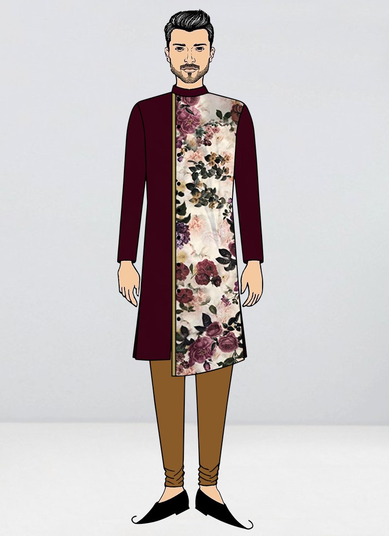 Shop Bollywood Vogue Digital Print Wine Kurta Pyjama. Ready to wear dresses for men