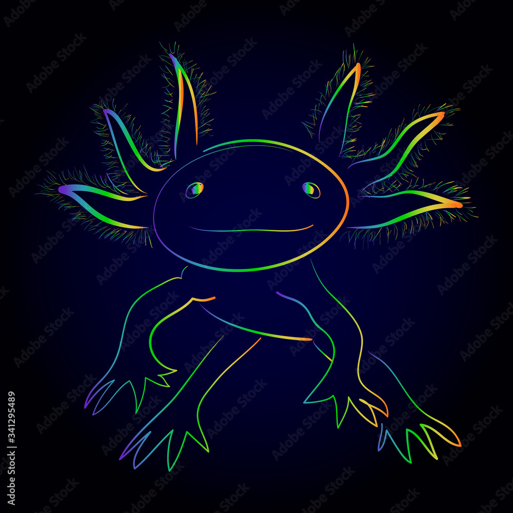 Isolated vector illustration of stylized rainbow axolotl. Mexican walking fish. Neotenic fire salamander. Handdrawn style Stock Vector