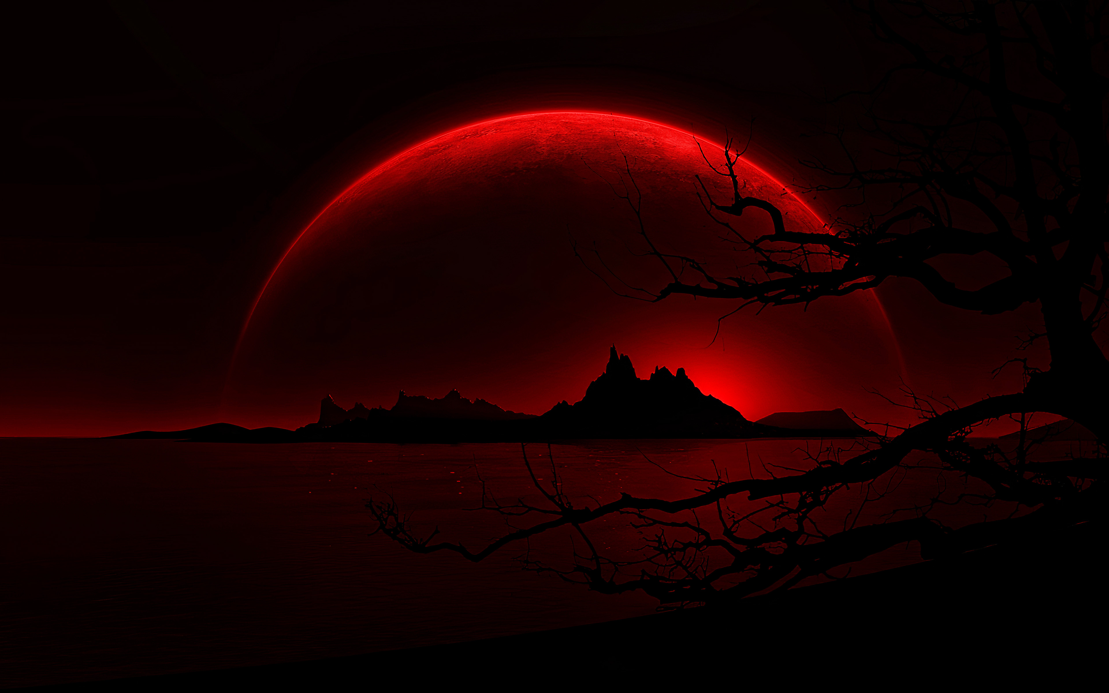 Download wallpaper silhouette of mountains, 4k, moon, red landscape, nightscapes, red planet for desktop with resolution 3840x2400. High Quality HD picture wallpaper
