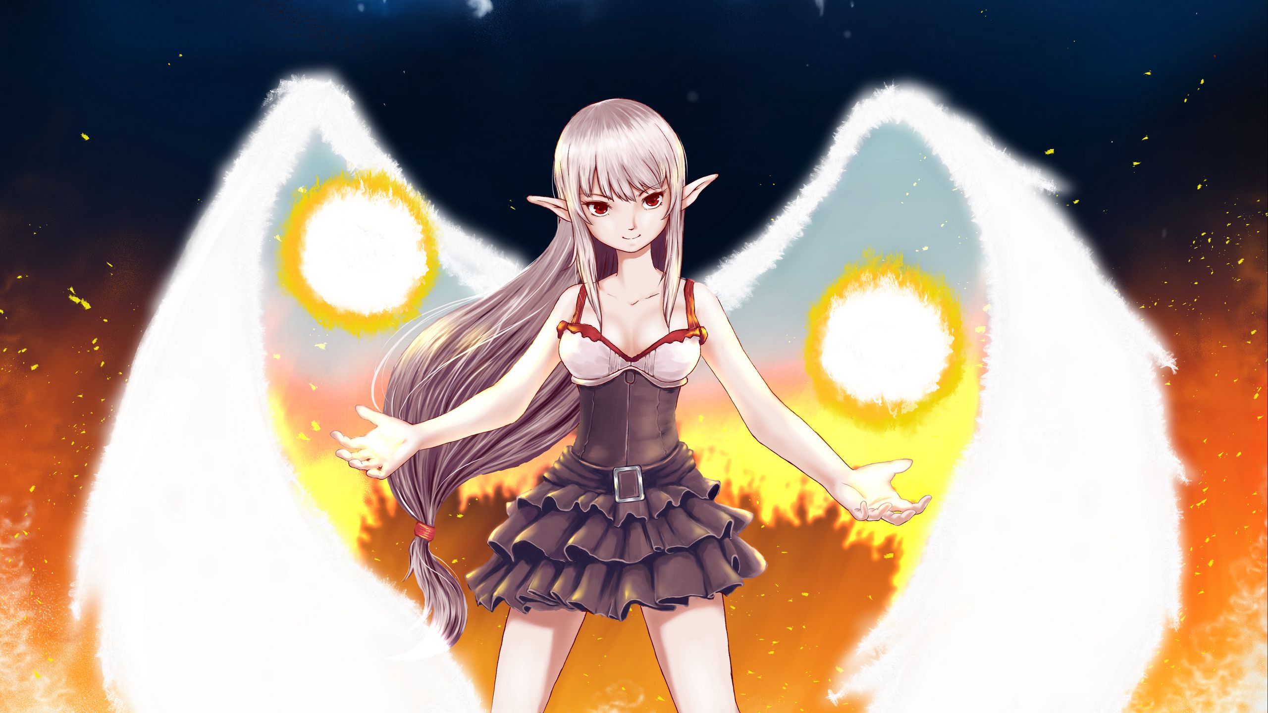 Download wallpaper 2560x1440 elf, angel, wings, anime, art widescreen 16:9 HD background