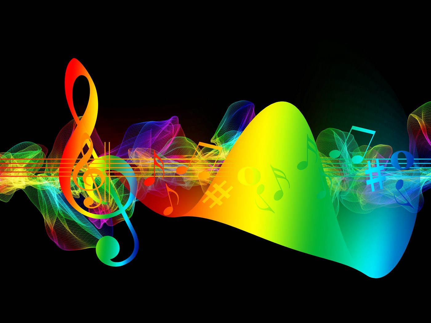 Download wallpaper 1400x1050 treble clef, musical notes, multicolored, rainbow standard 4:3 HD background