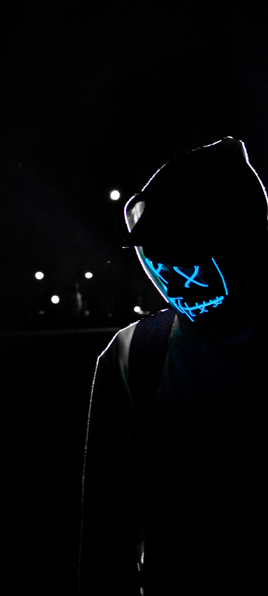 Download 1080x2400 Hoodie, Creepy Neon Mask, Dark Wallpaper for Samsung Galaxy Note 20 & S20 FE, Xiaomi Mi 10T Pro, Poco F2 Pro