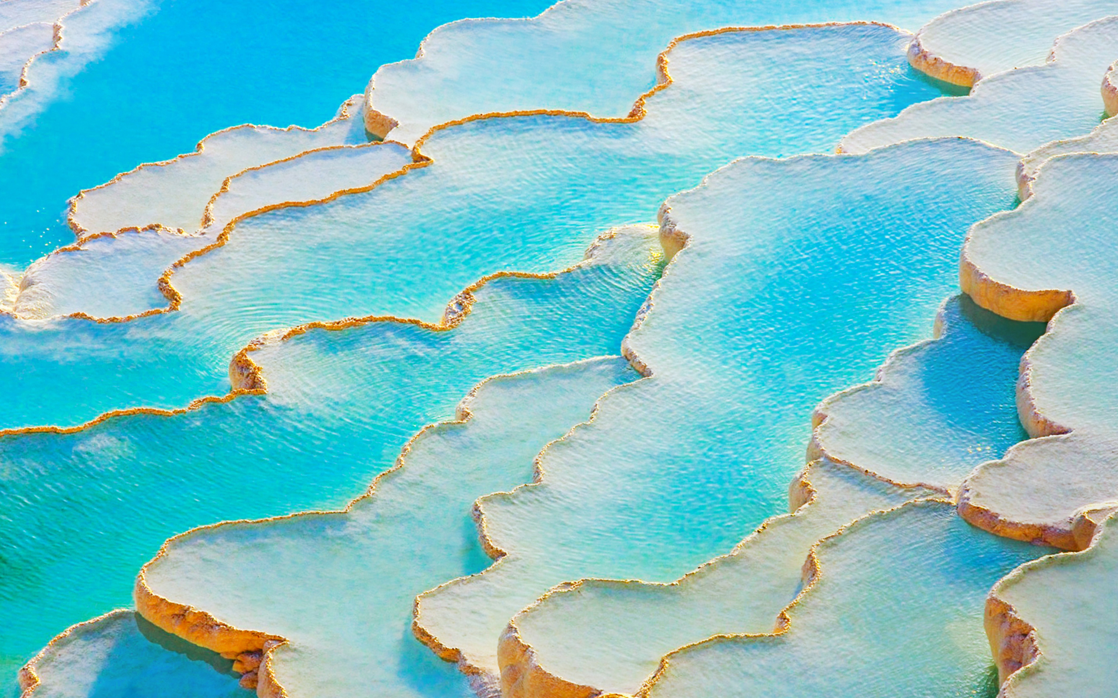 Download wallpaper Pamukkale, travertine terraces, thermal spring water, top view, Denizli, Turkey for desktop with resolution 3840x2400. High Quality HD picture wallpaper
