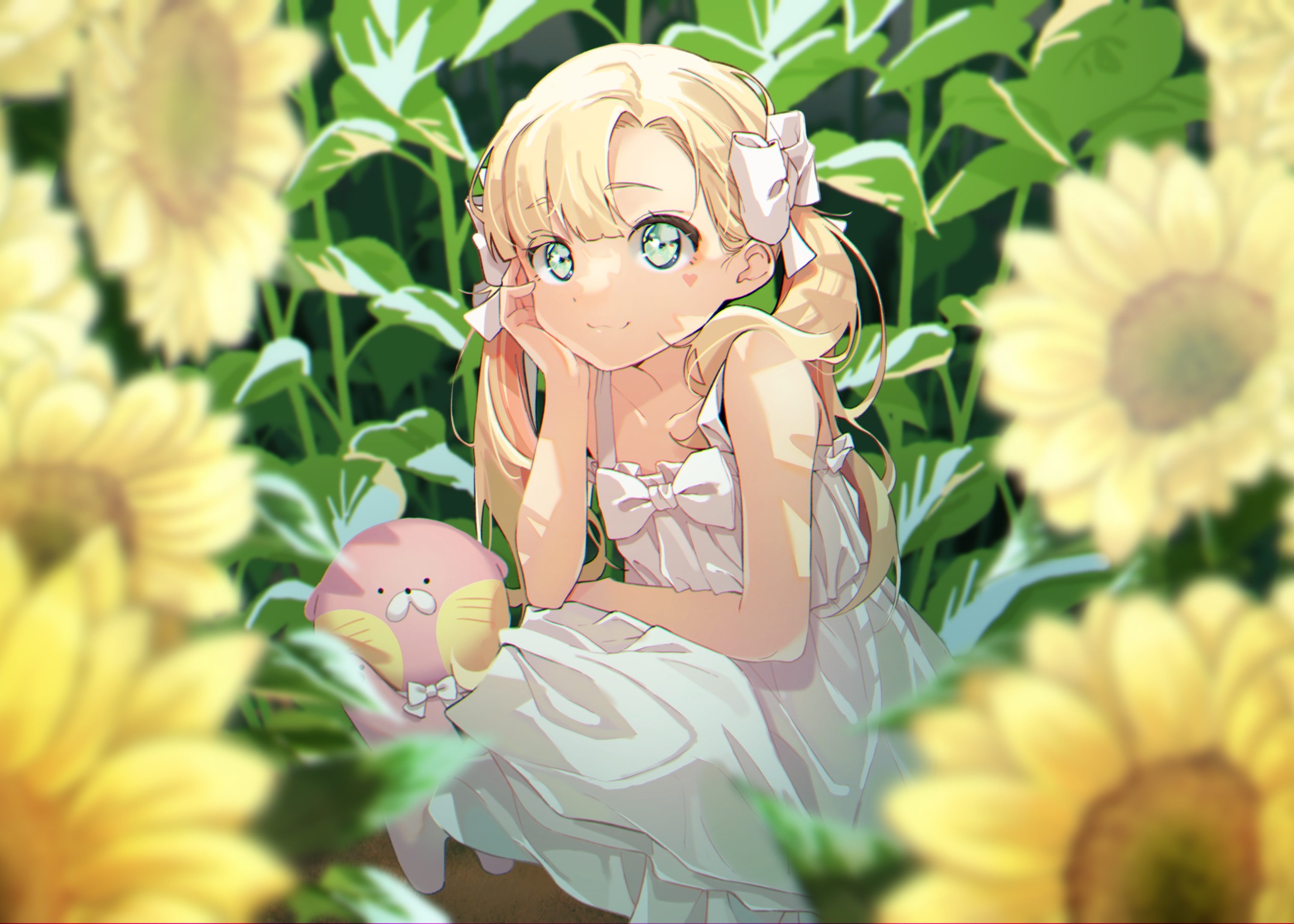 Wallpaper Cute Anime Girl, Sunflowers, White Dress, Blonde, Summer Dress, Loli, Green Eyes:3023x2160