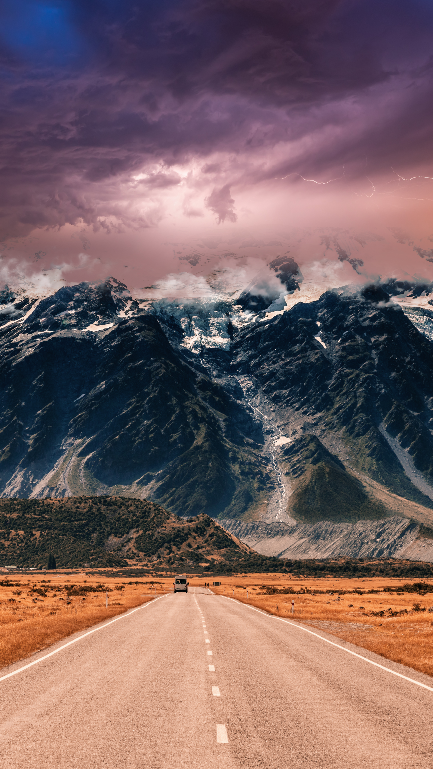 Endless Road Wallpaper 4K, Mountain range, Thunderstorm, Cloudy Sky, Nature