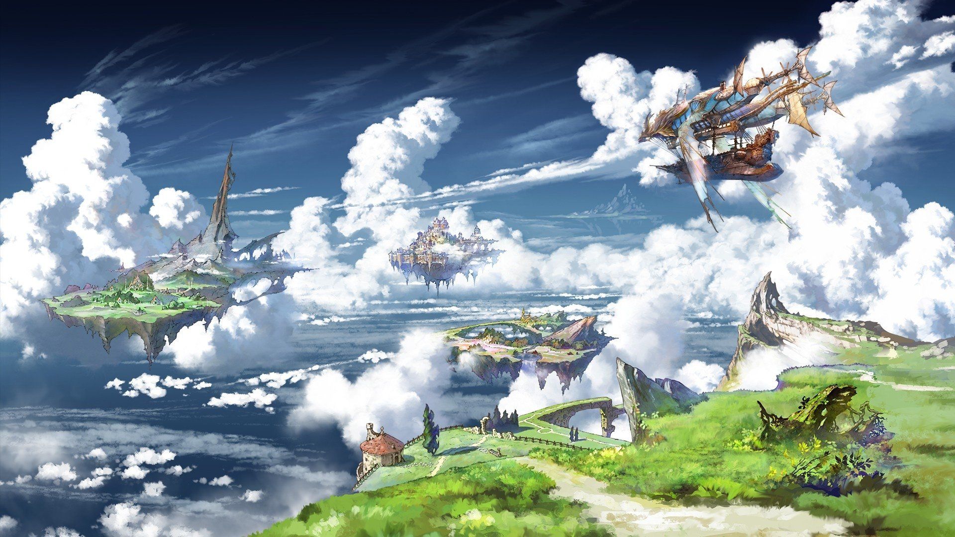 Anime Granblue Fantasy Sky Cloud Ship Floating Island Wallpaper. Fantasy landscape, Island wallpaper, Anime scenery