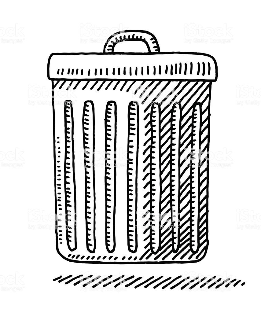 Hand Drawn Vector Drawing Of A Trash Can, Side View. Black And White. Screen Printing Designs, Drawings, Side View Drawing