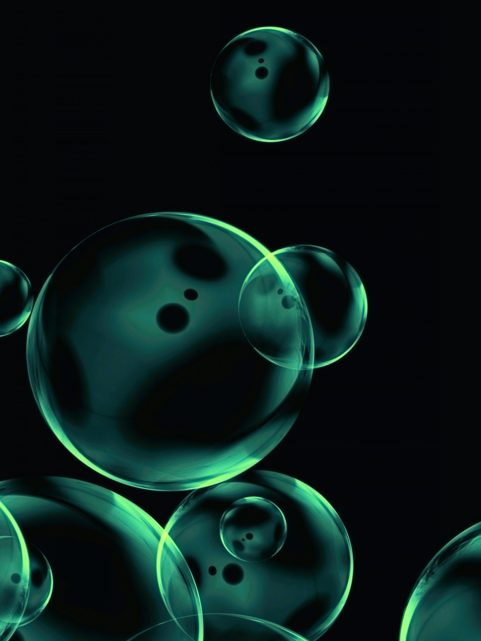 Download 1536x2048 Green Bubbles, Floating, Dark Theme Wallpaper for Apple iPad Mini, Apple IPad 4