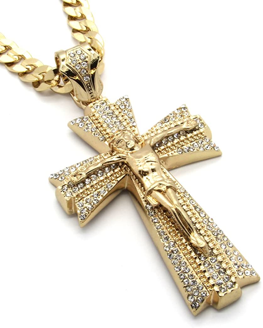 Mens Gold Tone Large Cross Pendant 30 10mm Cuban Chain G01