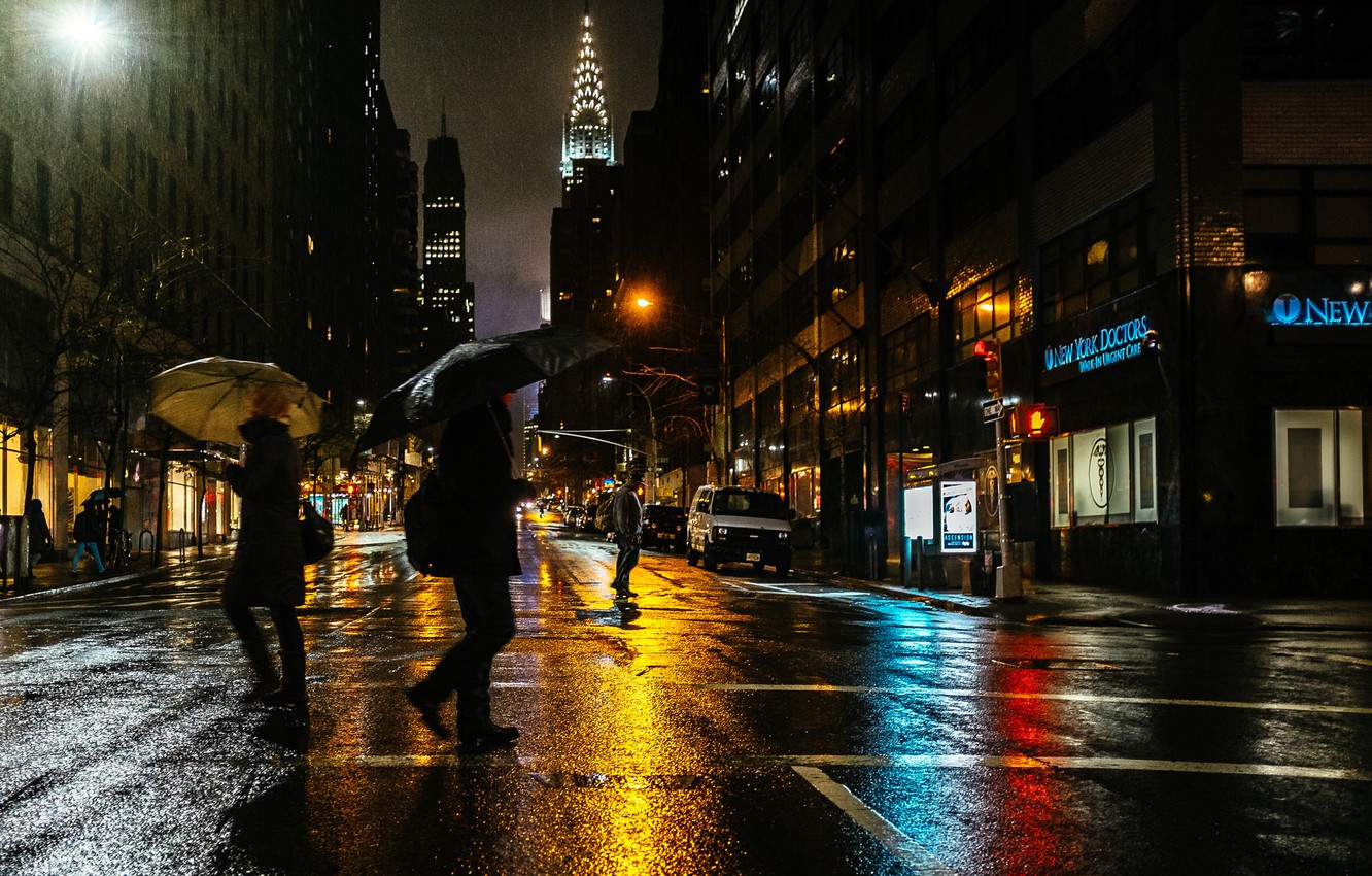 Wallpaper light, night, the city, people, rain, street, New York, USA image for desktop, section город