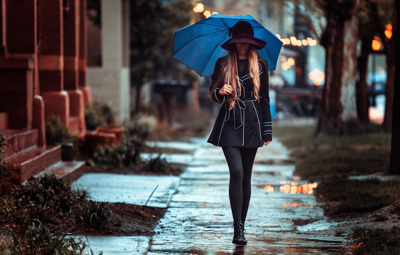Photo Wallpapers Girl, Rain, Street, Umbrella, Gait.
