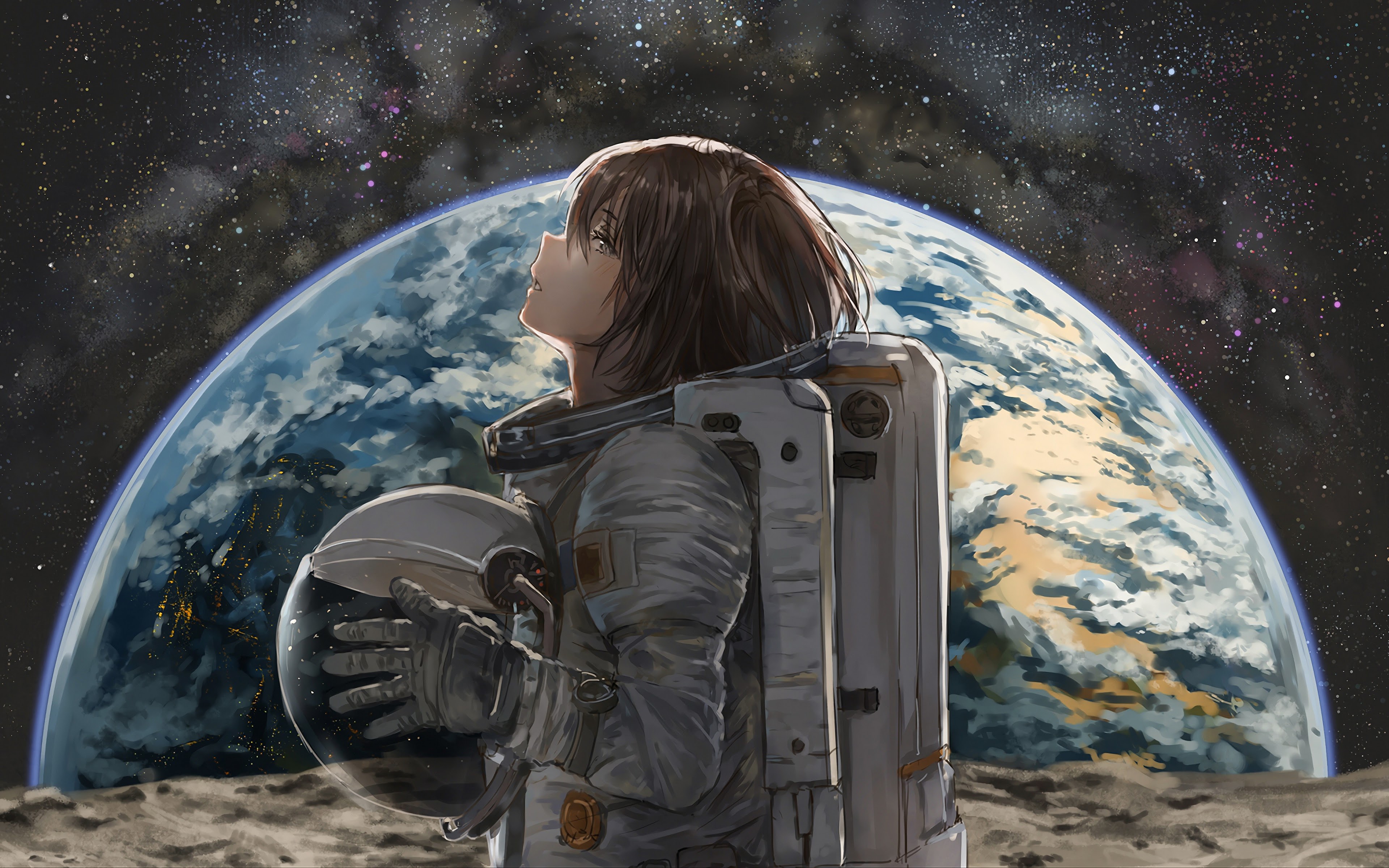 Space Astronaut Anime Girl Earth 4K Wallpaper