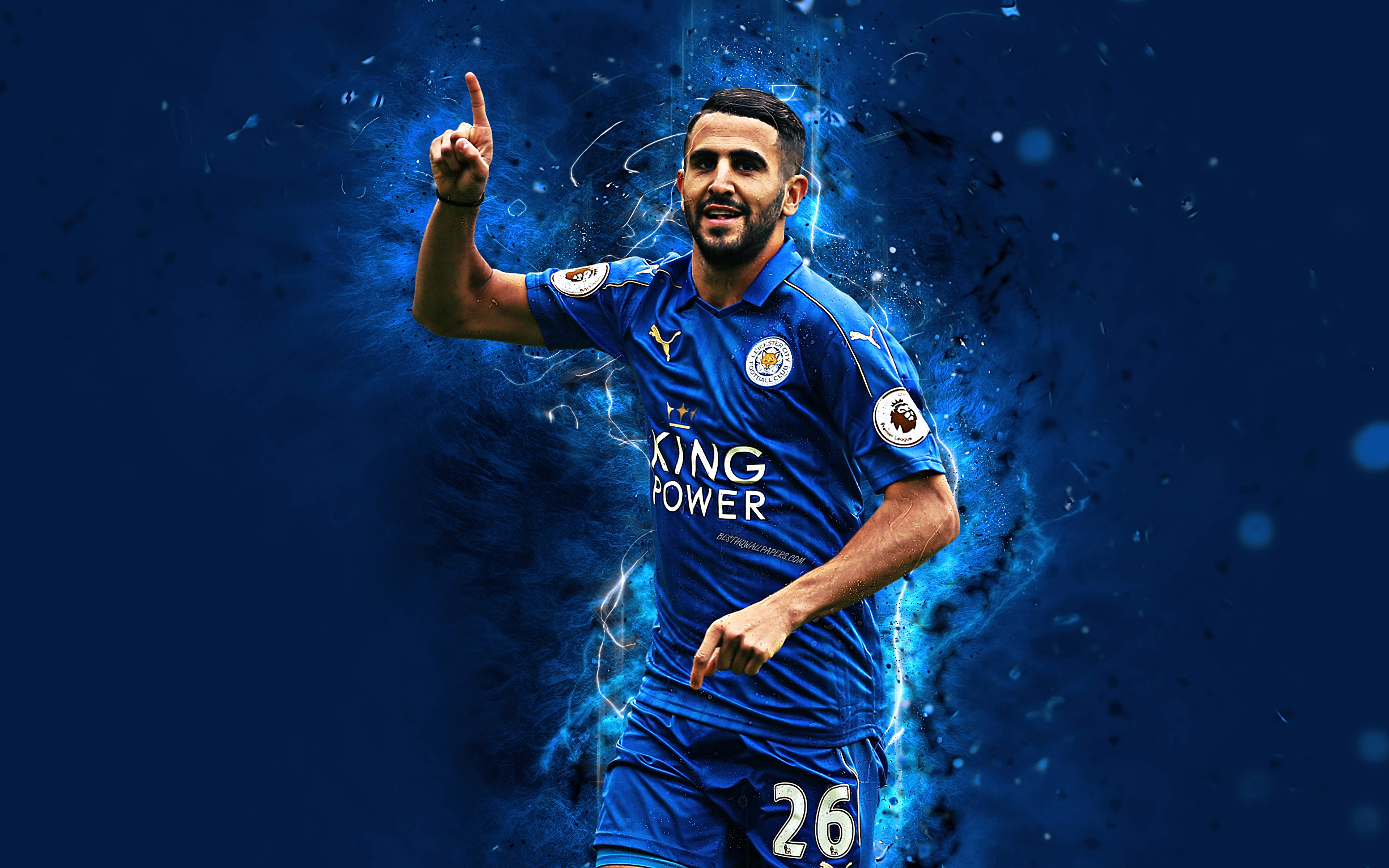Download wallpaper 4k, Riyad Mahrez, abstract art, football stars, Leicester City, soccer, Mahrez, Premier League, footballers, neon lights, Leicester City FC for desktop with resolution 3840x2400. High Quality HD picture wallpaper