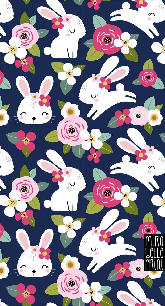 Floral Bunny / Dark Blue / Micro Scale / Fabric. Easter wallpaper, Rabbit wallpaper, Spring pattern wallpaper