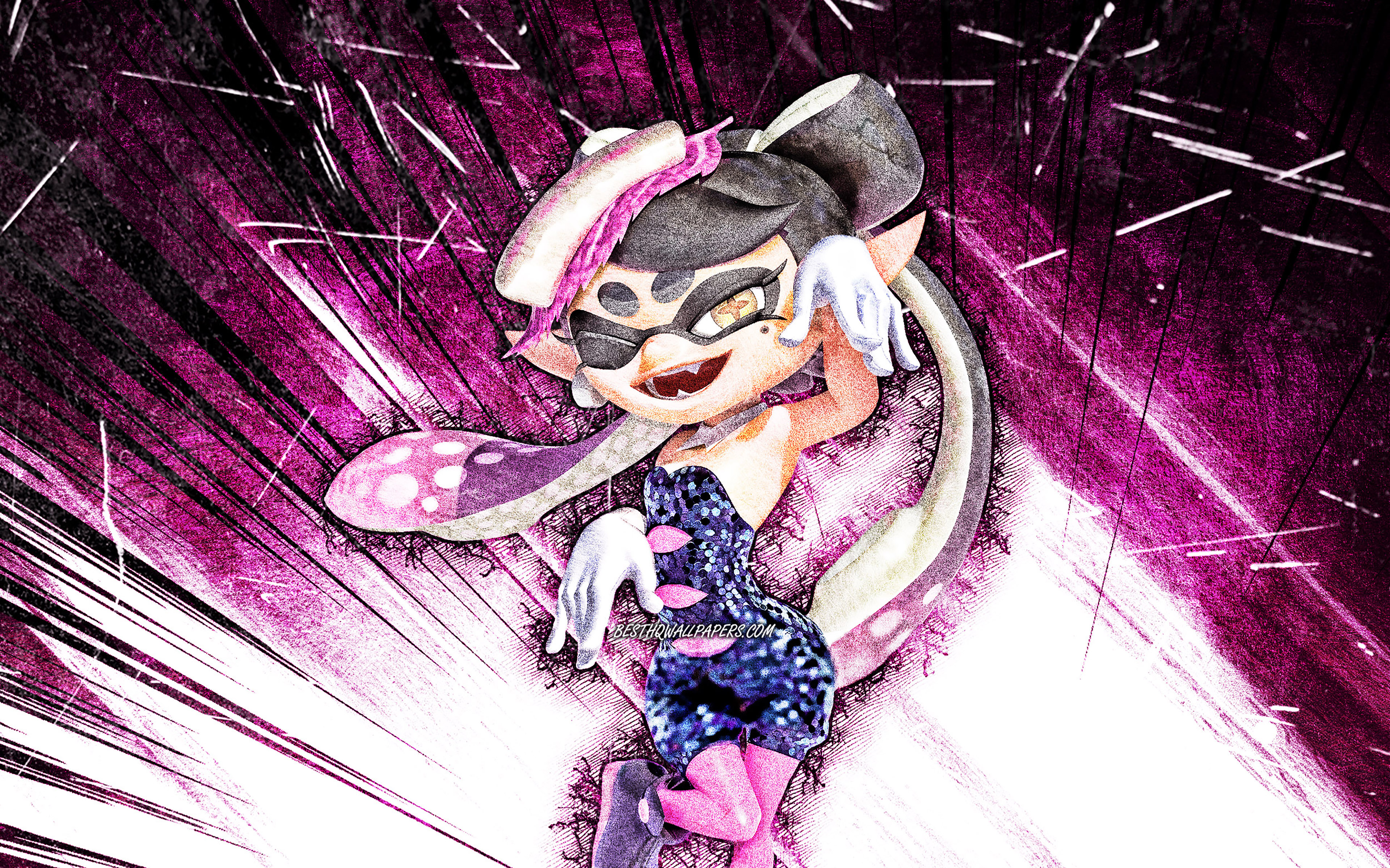Download wallpaper 4k, Callie, grunge art, Splatoon 2, artwork, Squid Sisters, purple abstract rays, Splatoon characters, Callie Splatoon for desktop with resolution 3840x2400. High Quality HD picture wallpaper