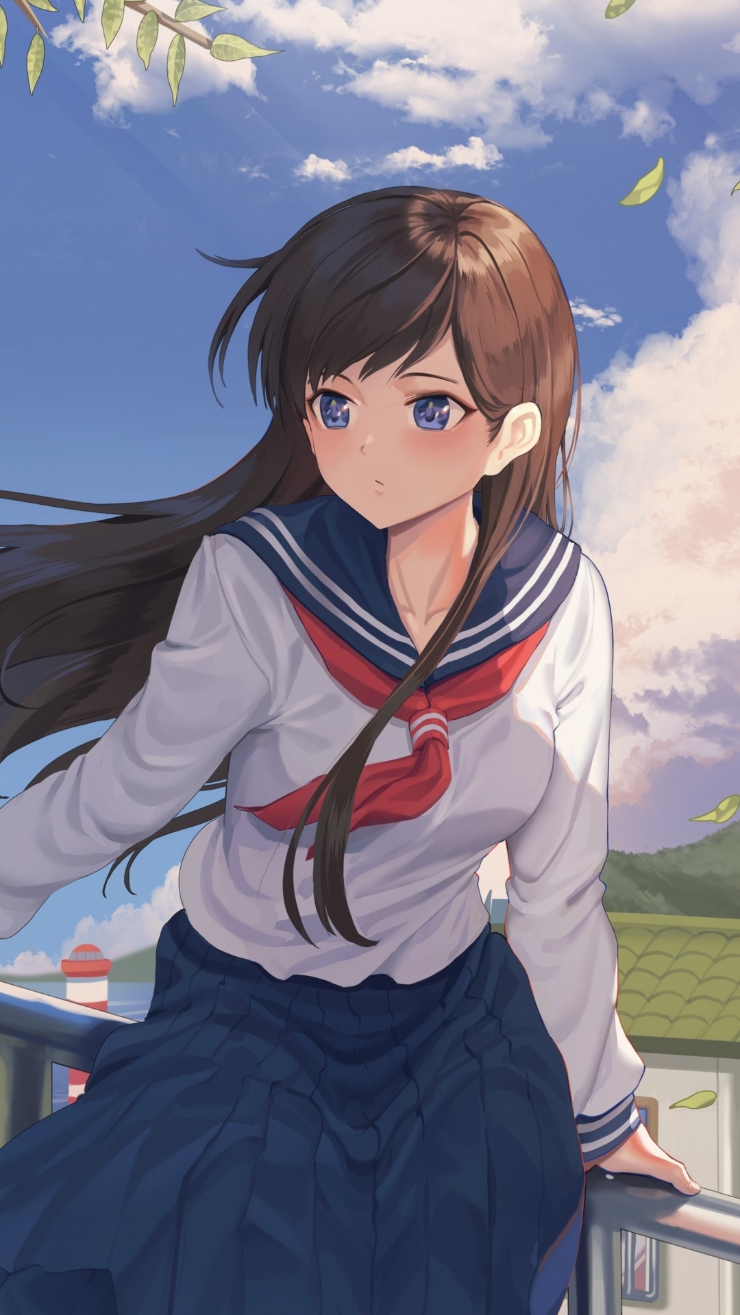 Wallpaper Clouds, Brown Hair, Pretty Anime School Girl, School Uniform:1941x2587