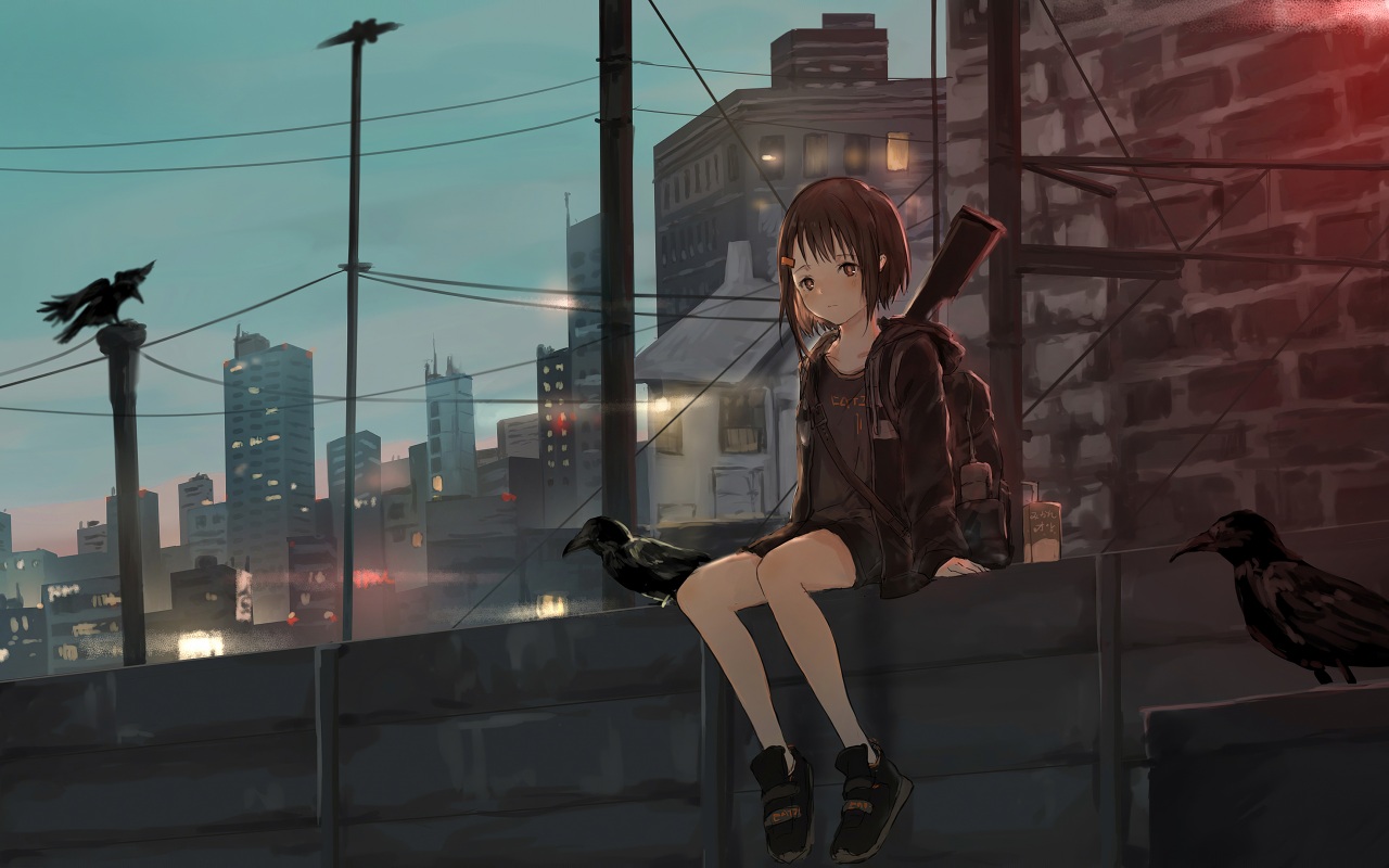 Wallpaper 4k Anime Girl Sitting Alone Roof Sad Wallpaper