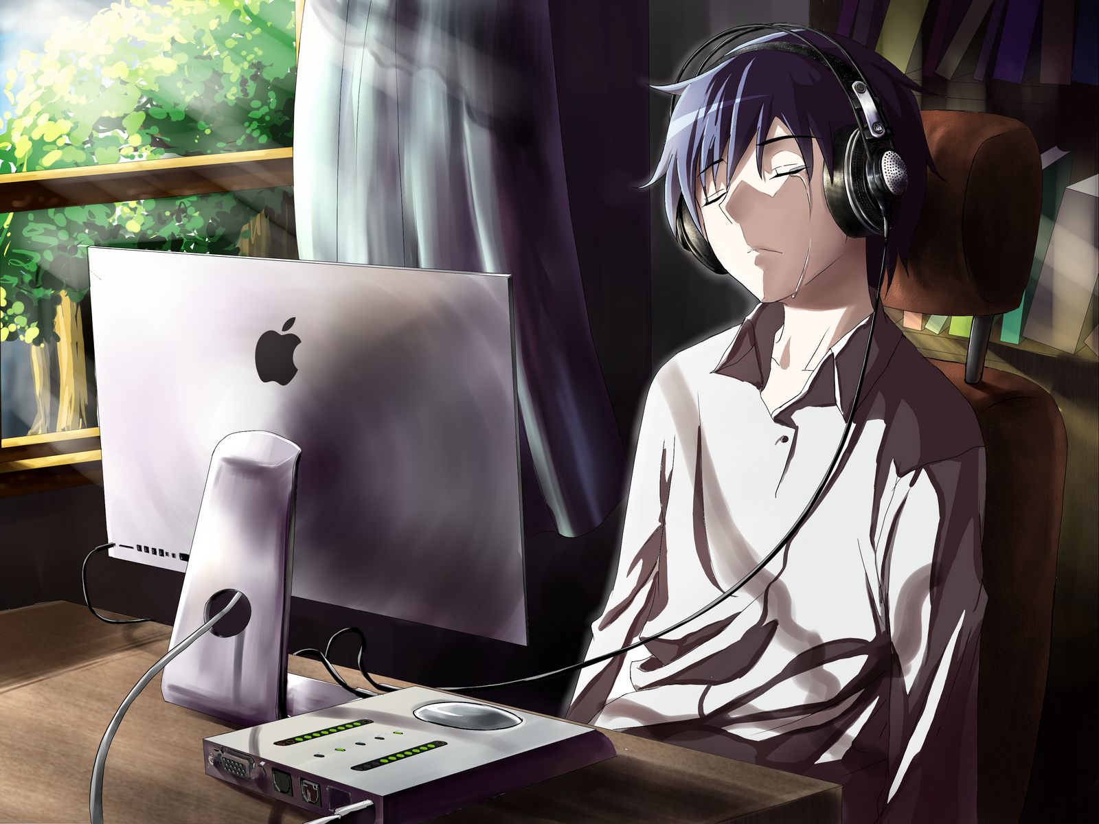 Download wallpaper 1600x1200 guy, anime, computer, tears, sadness, room standard 4:3 HD background