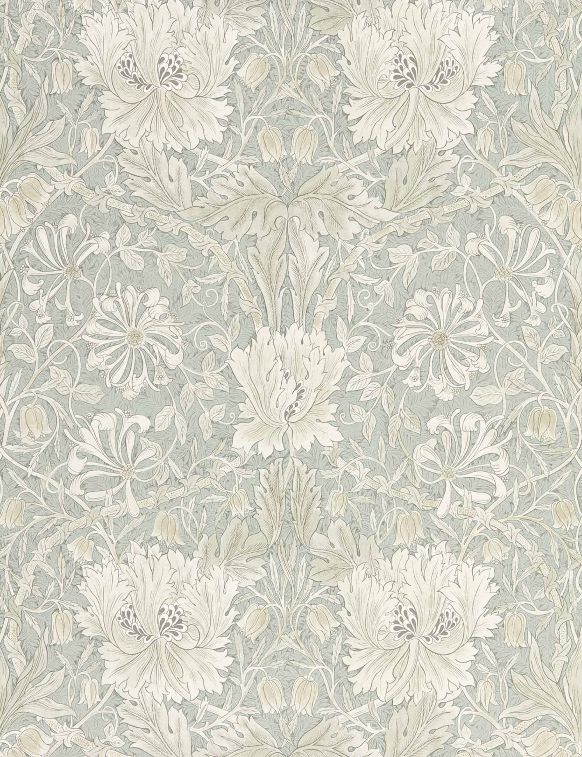 Morris & Co. Pure Honeysuckle & Tulip Wallpaper, Grey Blue Swatch and Georgia