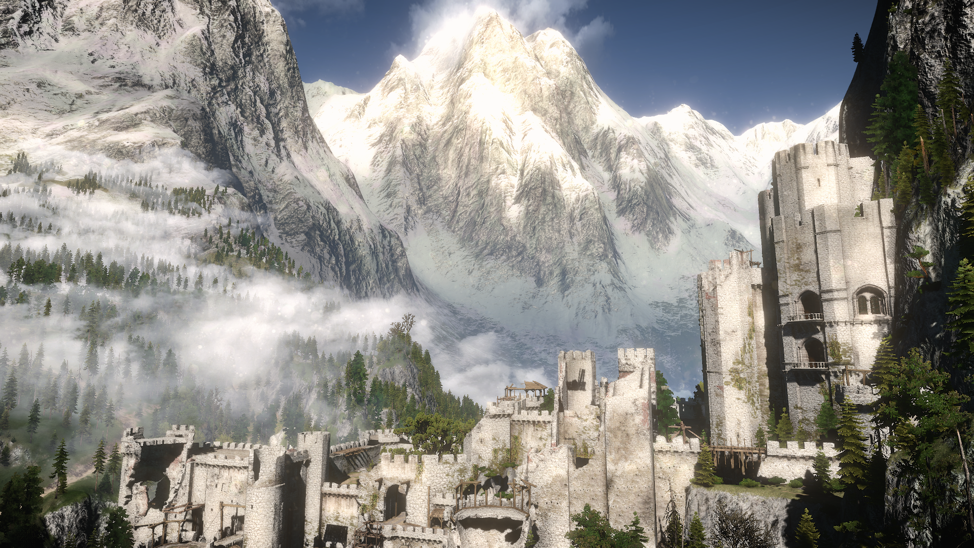 Kaer Morhen with Blue Mountain Background HD Wallpaper