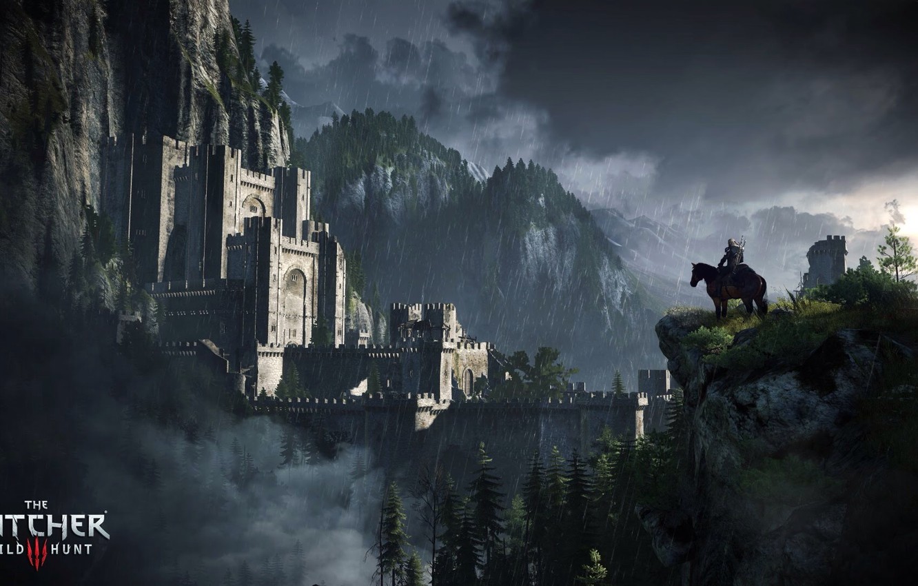 Wallpaper trees, rain, horse, fortress, the Witcher, Geralt, The Witcher 3: Wild Hunt, Kaer Morhen, Roach, Kaer Morhen, The Witcher 3: Wold Hunt image for desktop, section игры