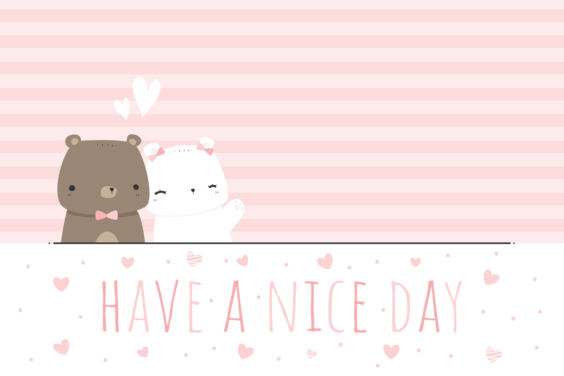 Cute teddy bear and polar bear love couple cartoon pink striped wallpaper