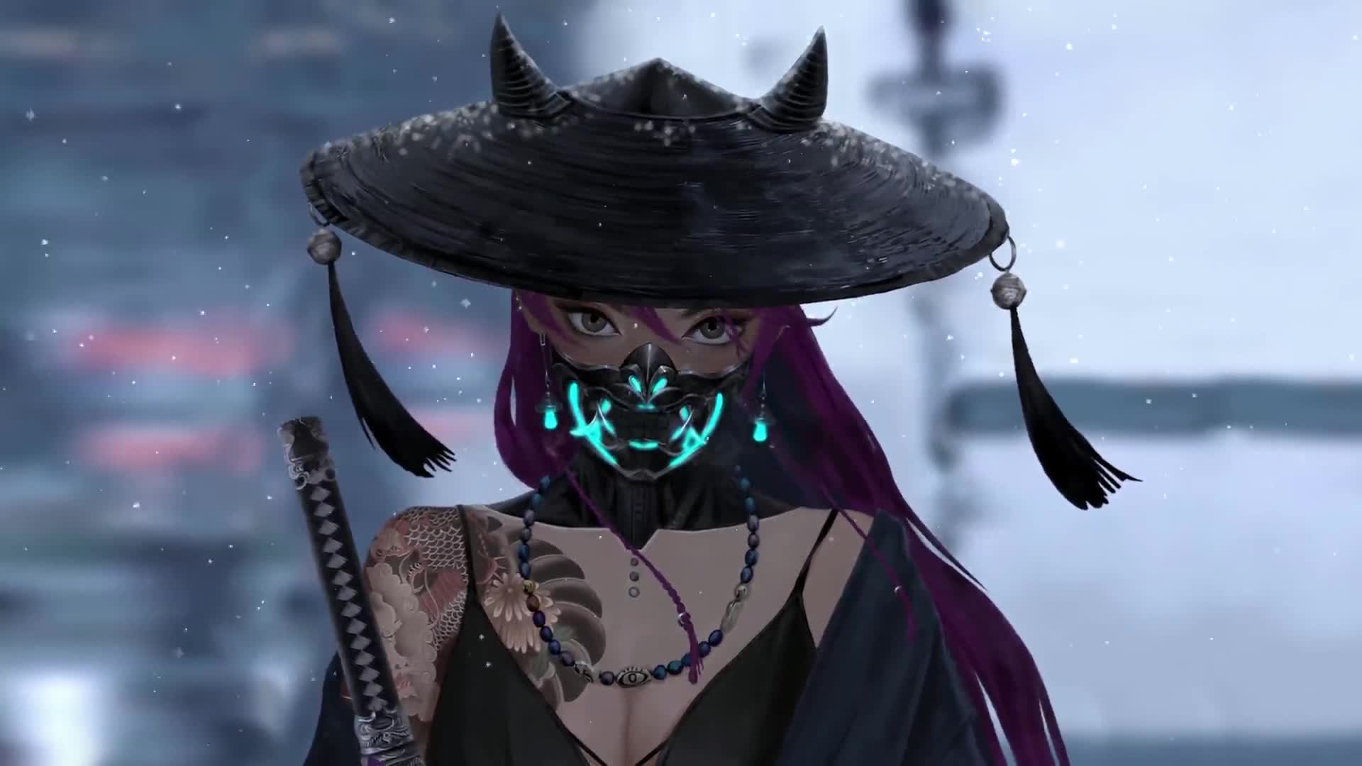 Oni Samurai Girl Mask Horns Snow Fantasy 4K Background Desktop Wallpaper