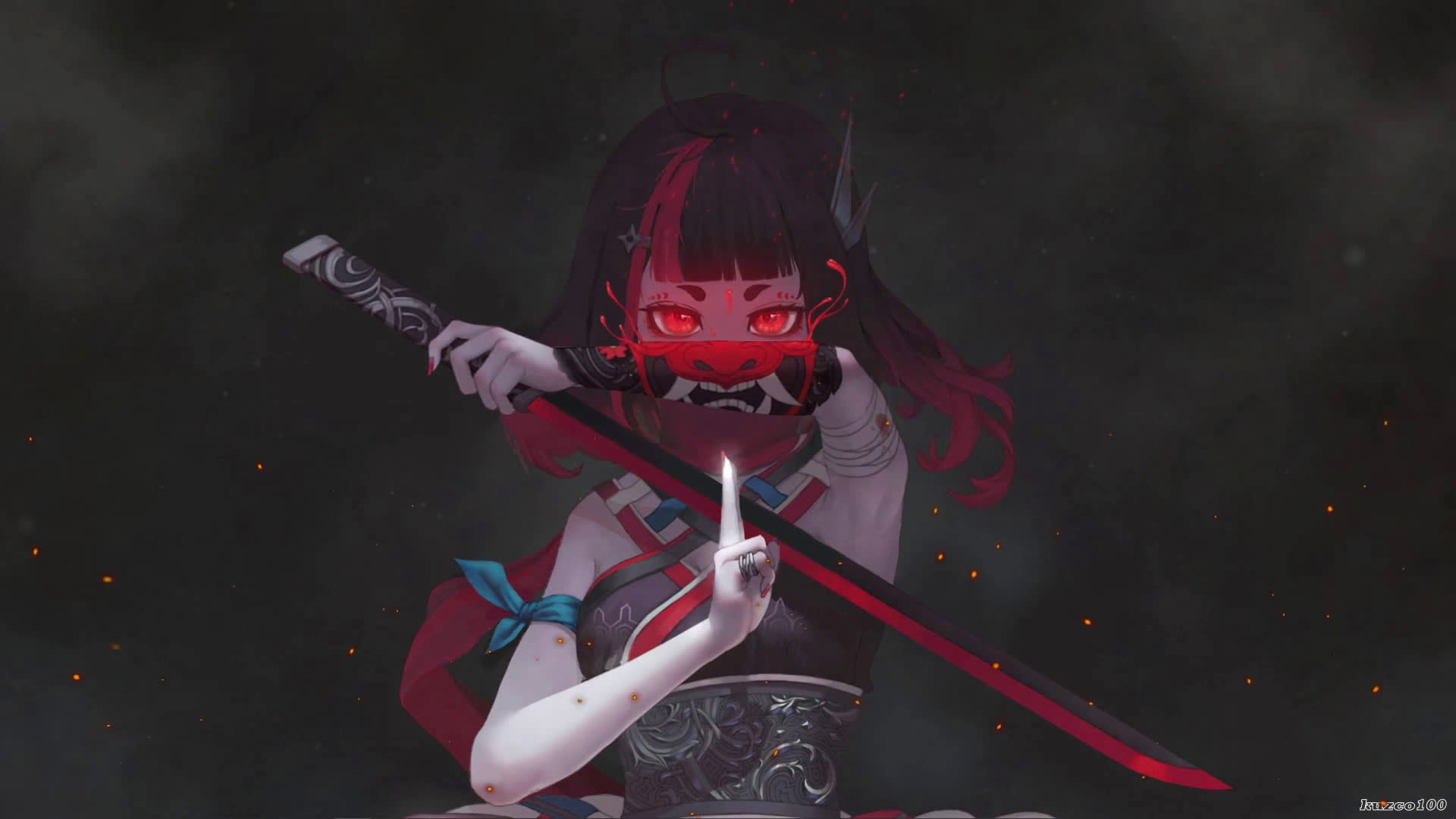 Samurai Girl and Oni Mask on Hand Live Wallpaper