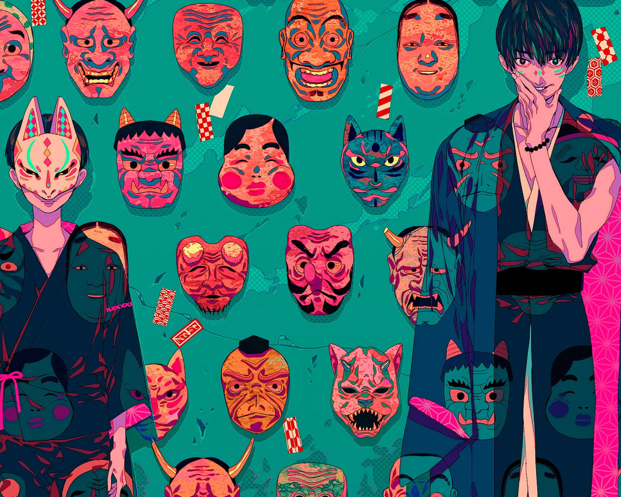 Wallpaper Akiakane, Oni Mask, Japan, Samurai, Green Background • Wallpaper For You