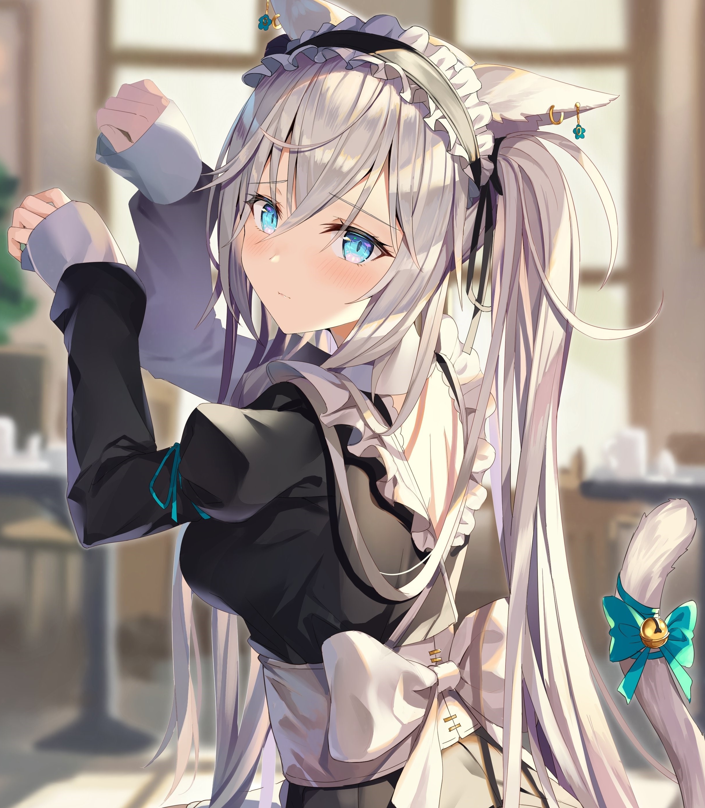 Wallpaper Neko, Anime Maid Girl, Animal Ears, Silver Hair, Twintails:2438x2795