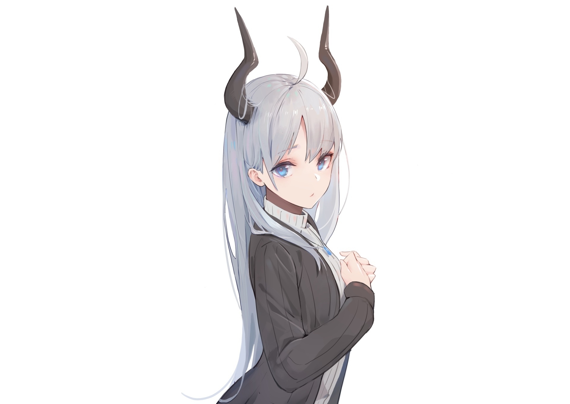 Wallpaper Gray Hair, Necklace, Profile View, Horns, Shy Anime Girl:1920x1360