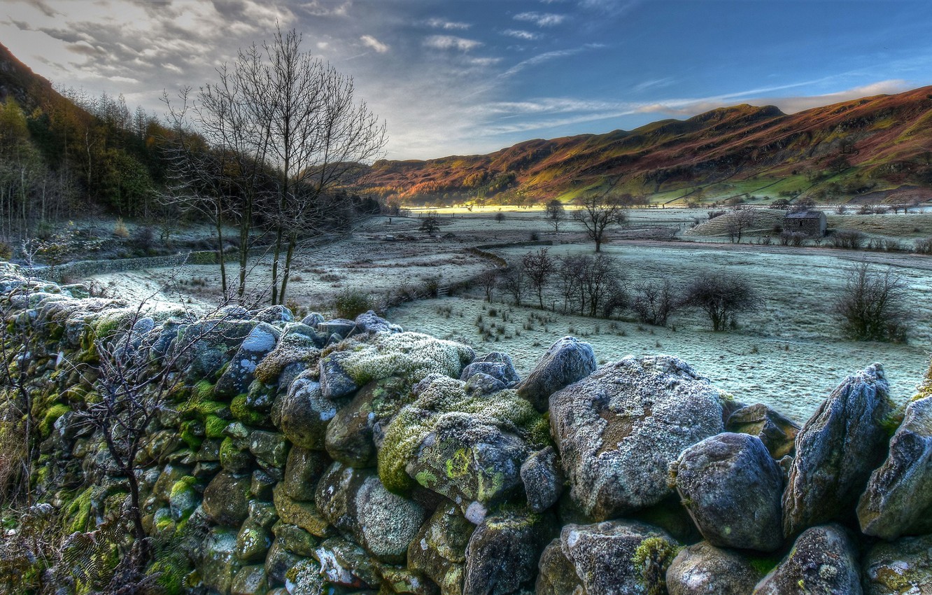 Wallpaper winter, snow, trees, mountains, stones, hills, field, England, moss, HDR, valley, Cumbria, Lake District National Park image for desktop, section пейзажи