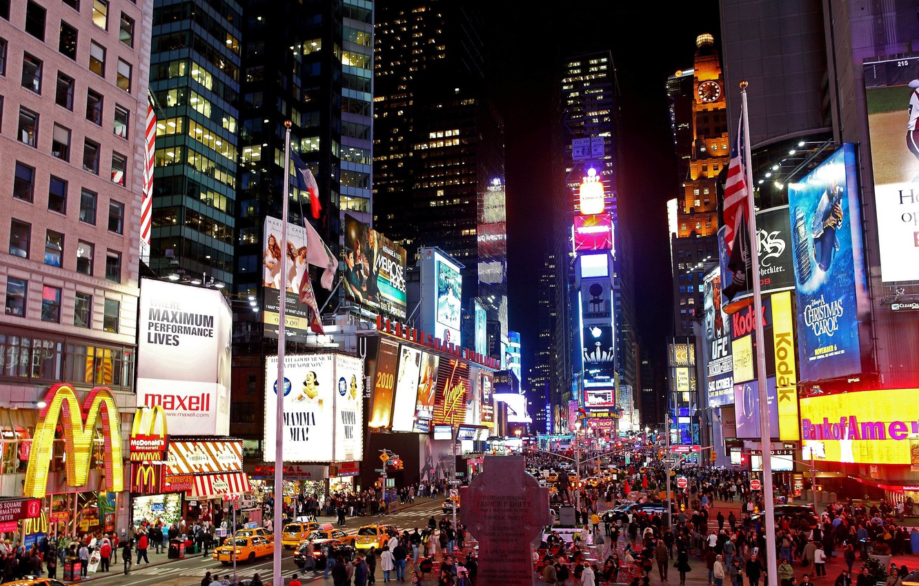 Wallpaper night, New York, TIMES SQUARE AT NIGHT image for desktop, section город