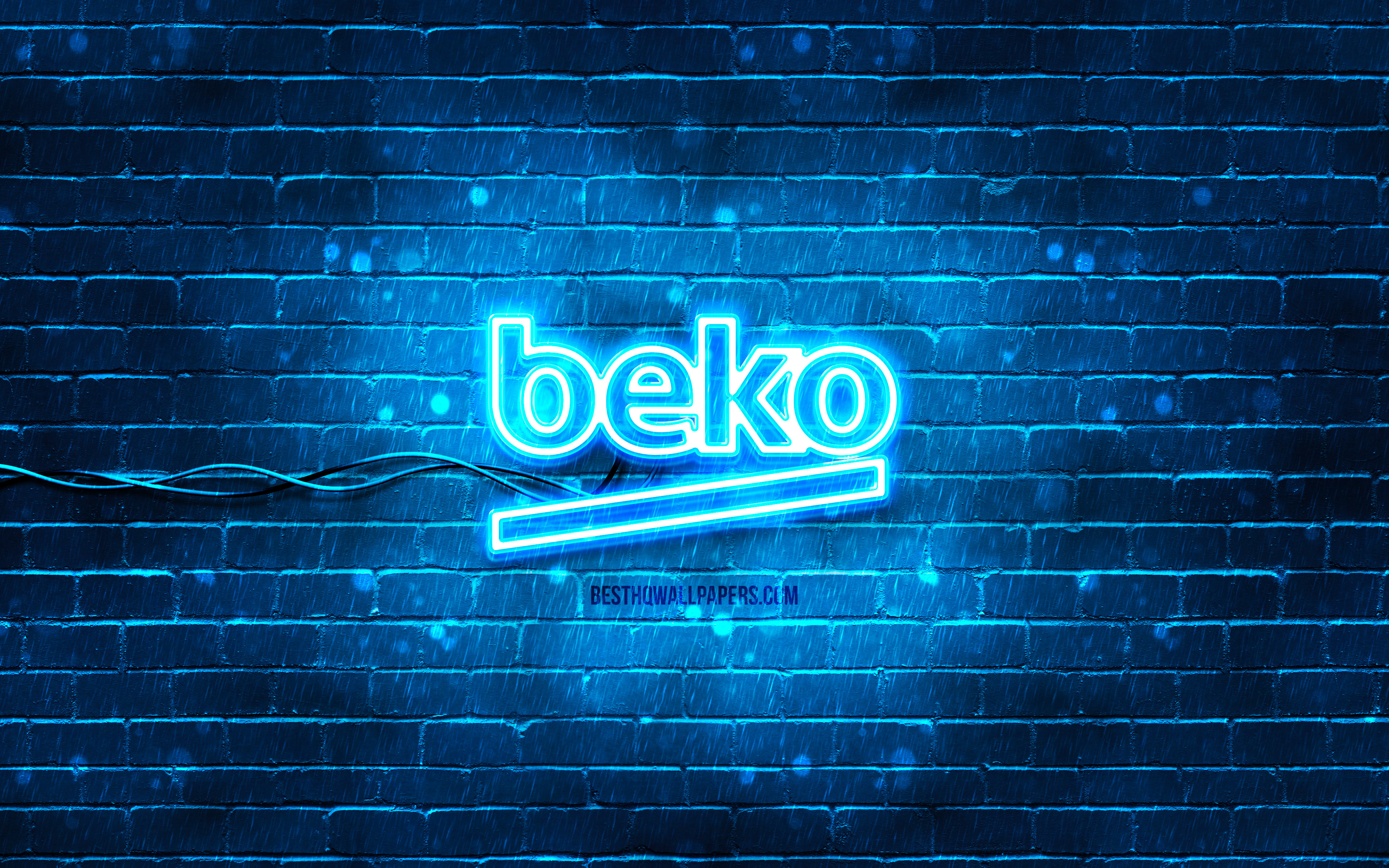 Download wallpaper Beko blue logo, 4k, blue brickwall, Beko logo, brands, Beko neon logo, Beko for desktop with resolution 3840x2400. High Quality HD picture wallpaper