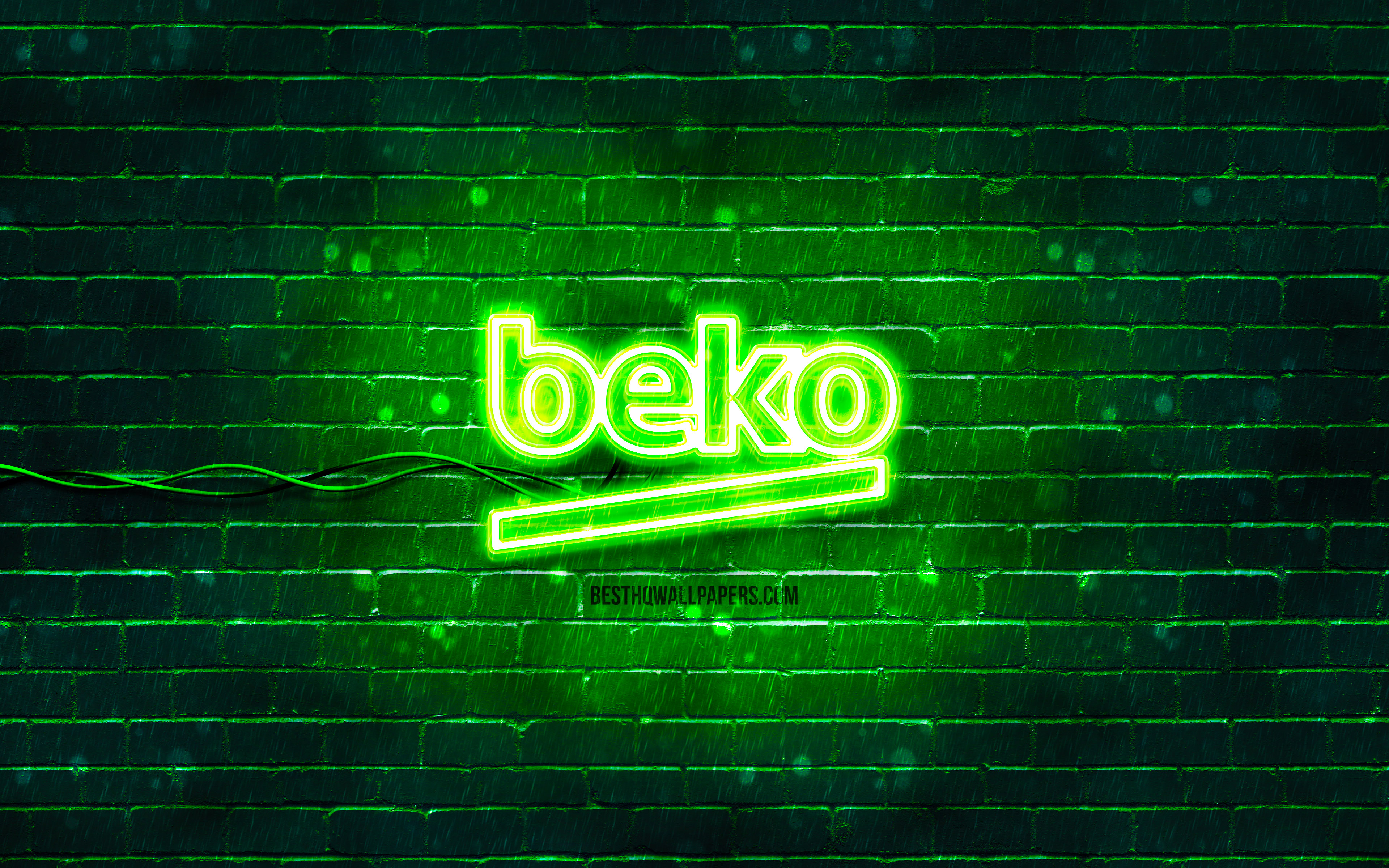 Download wallpaper Beko green logo, 4k, green brickwall, Beko logo, brands, Beko neon logo, Beko for desktop with resolution 3840x2400. High Quality HD picture wallpaper
