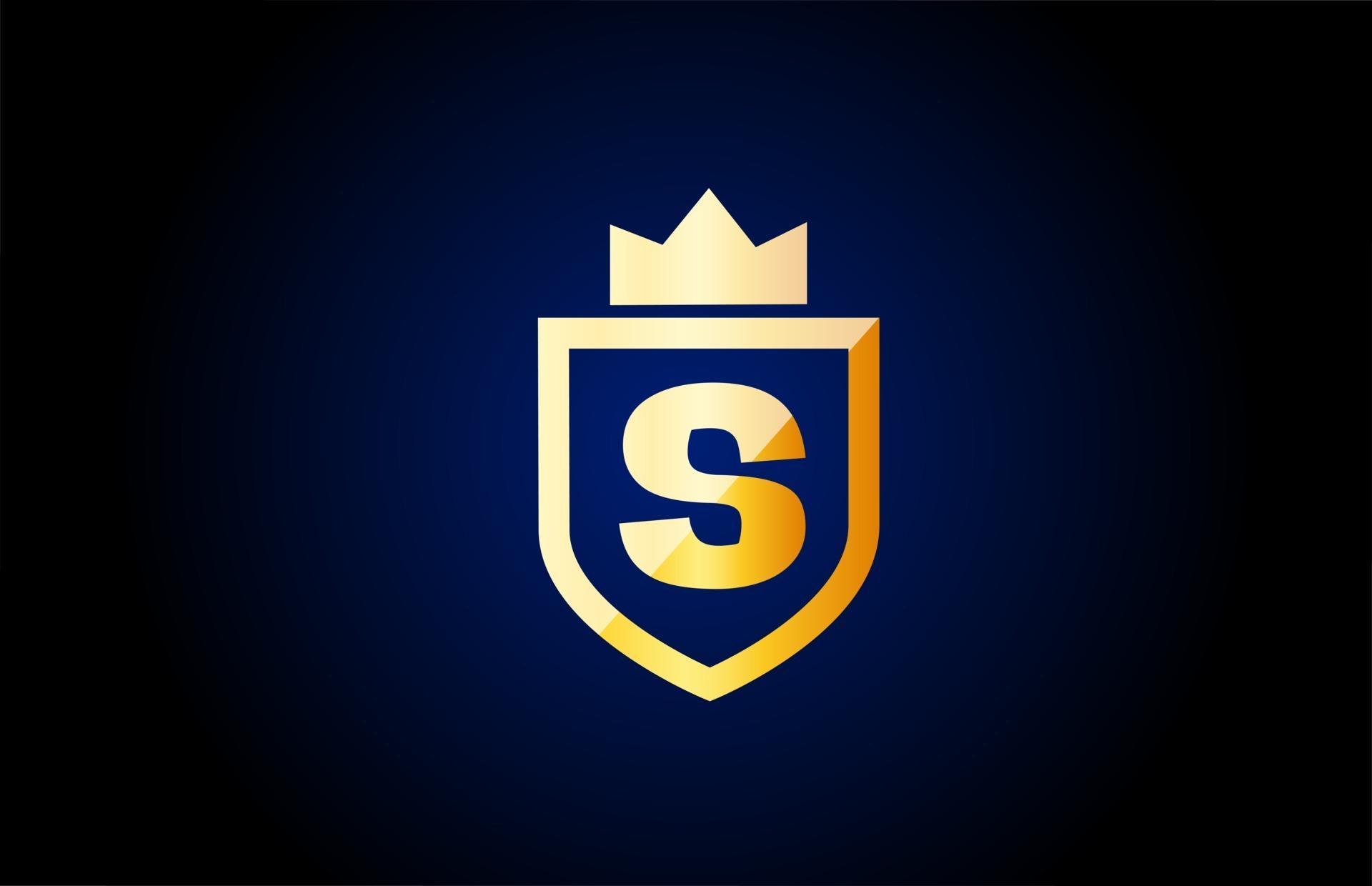 gold S alphabet letter logo icon. Design for business and company identity with shield and king crown