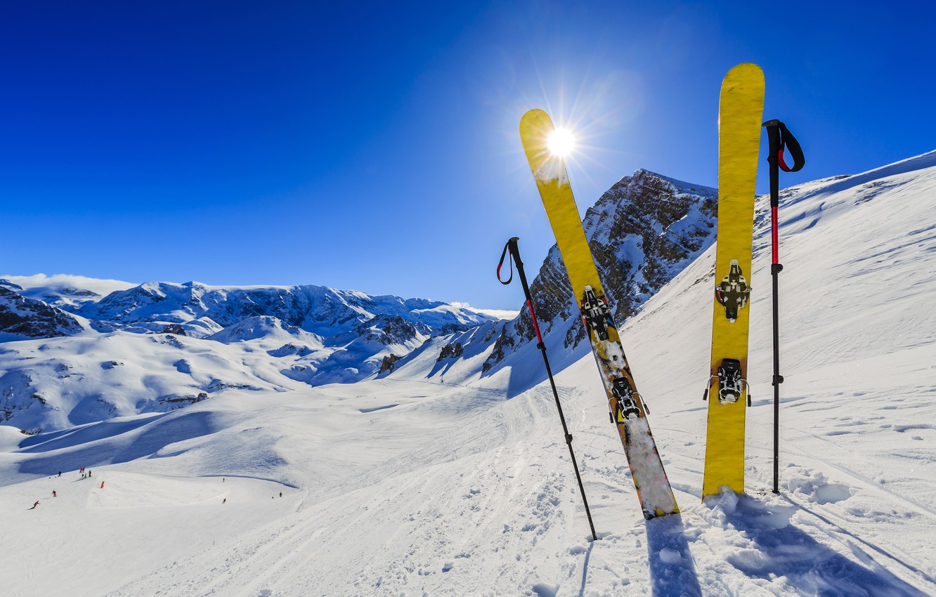 Wallpaper winter, the sky, the sun, rays, snow, landscape, mountains, the descent, ski, stick, skiers, skiing image for desktop, section спорт