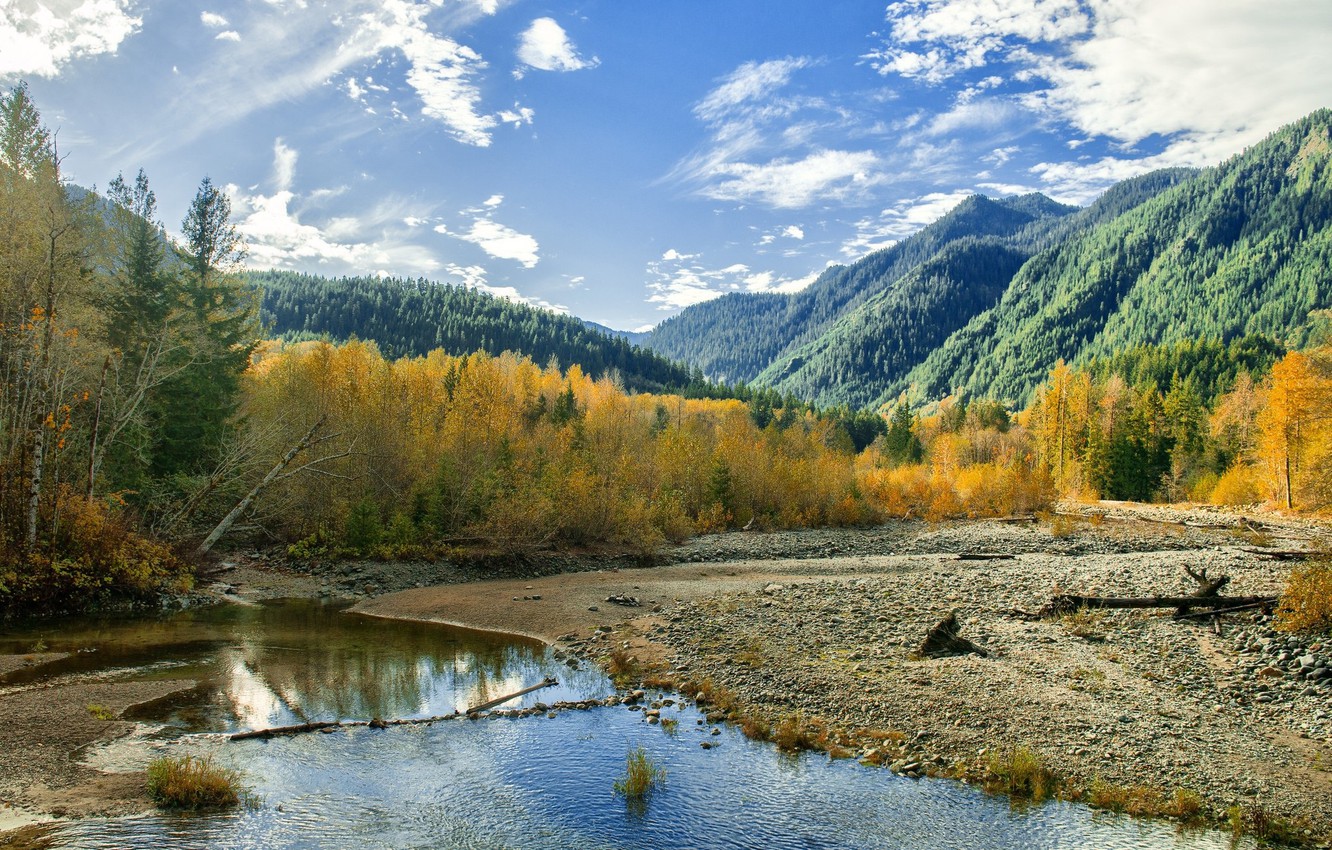 Wallpaper autumn, forest, the sky, mountains, stream image for desktop, section пейзажи