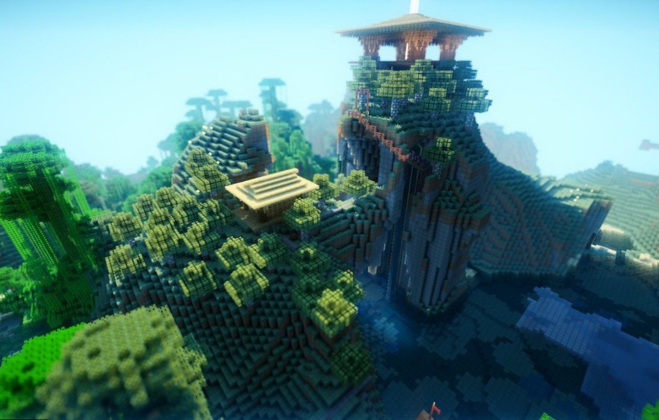 Wallpaper forest, the sky, water, trees, mountains, blocks, Minecraft, the temple on the top image for desktop, section игры