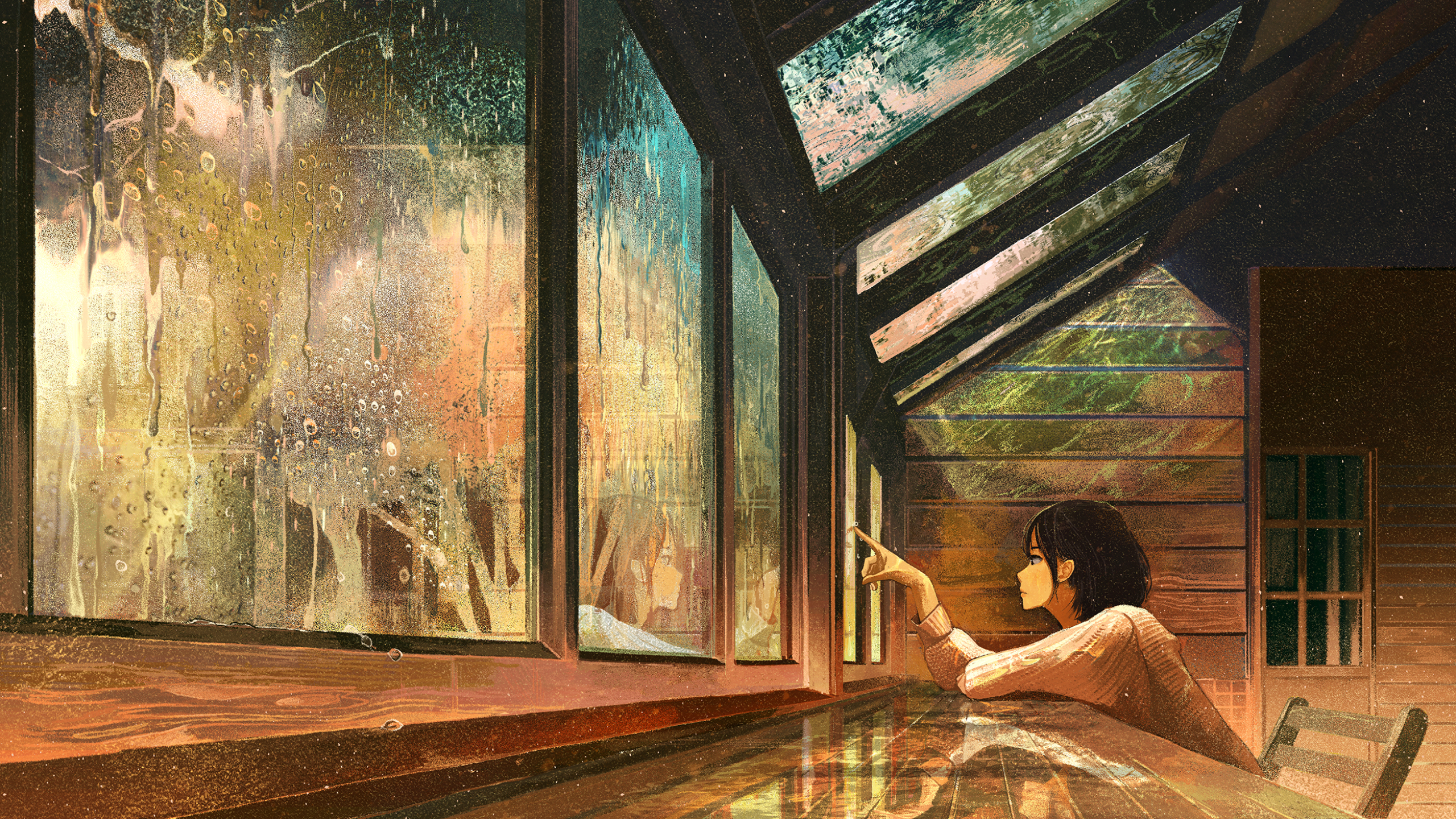 Anime Anime Girls Digital Art Artwork 2D Portrait Rain Water On Glass Rest Calm Wallpaper:2560x1440