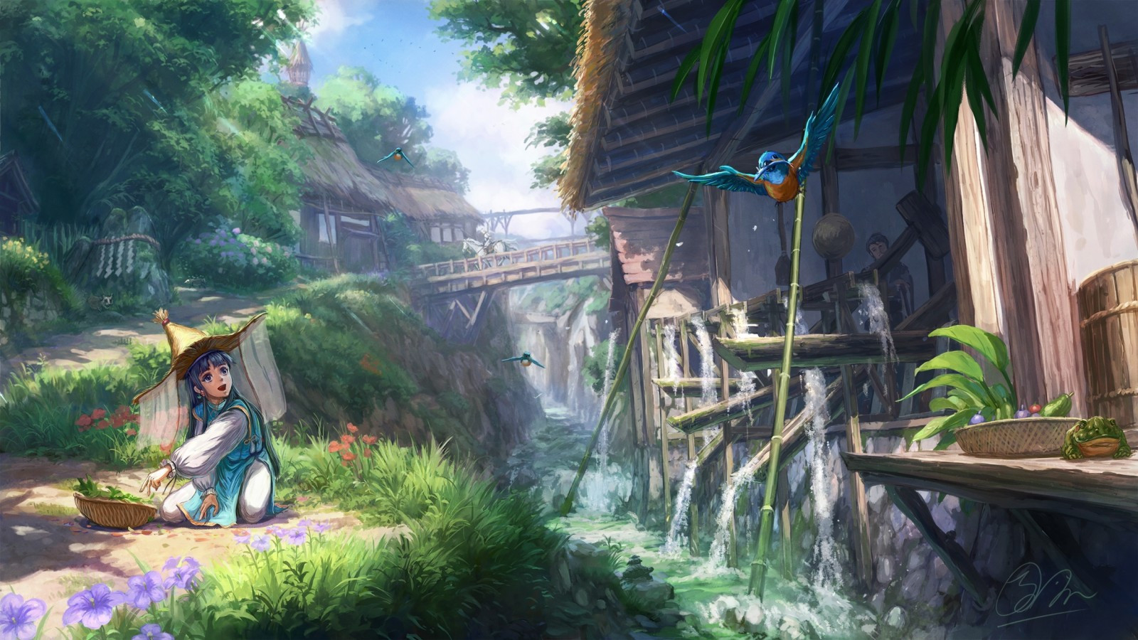 Download 1600x900 Anime Village, Bridge, Water, Houses, People, Scenic, Calm Wallpaper