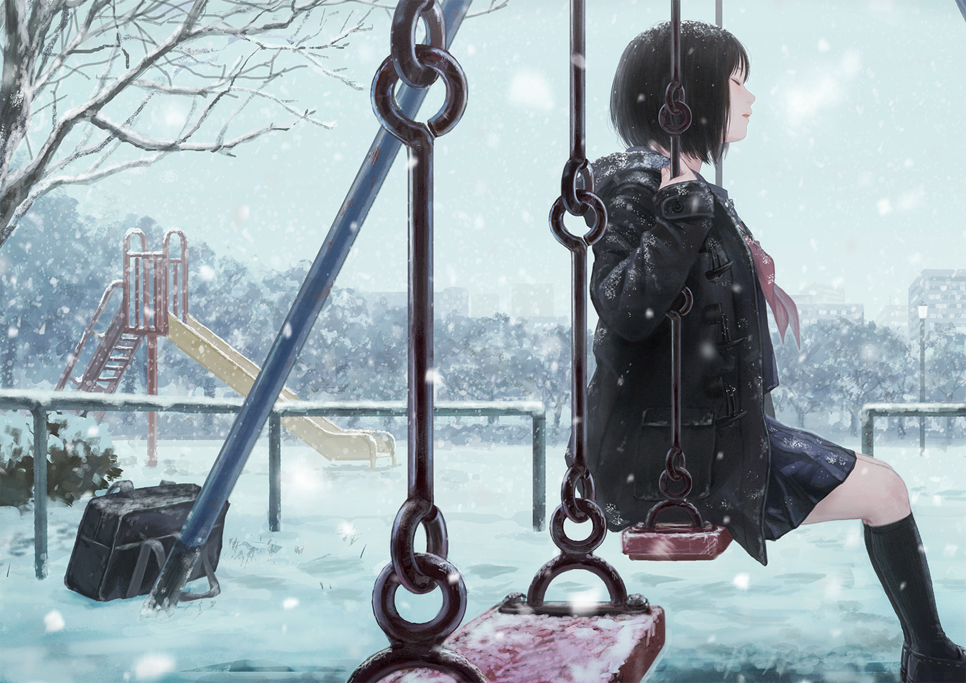 Anime girl on a swing on a calm winter day by romiy HD Wallpaper