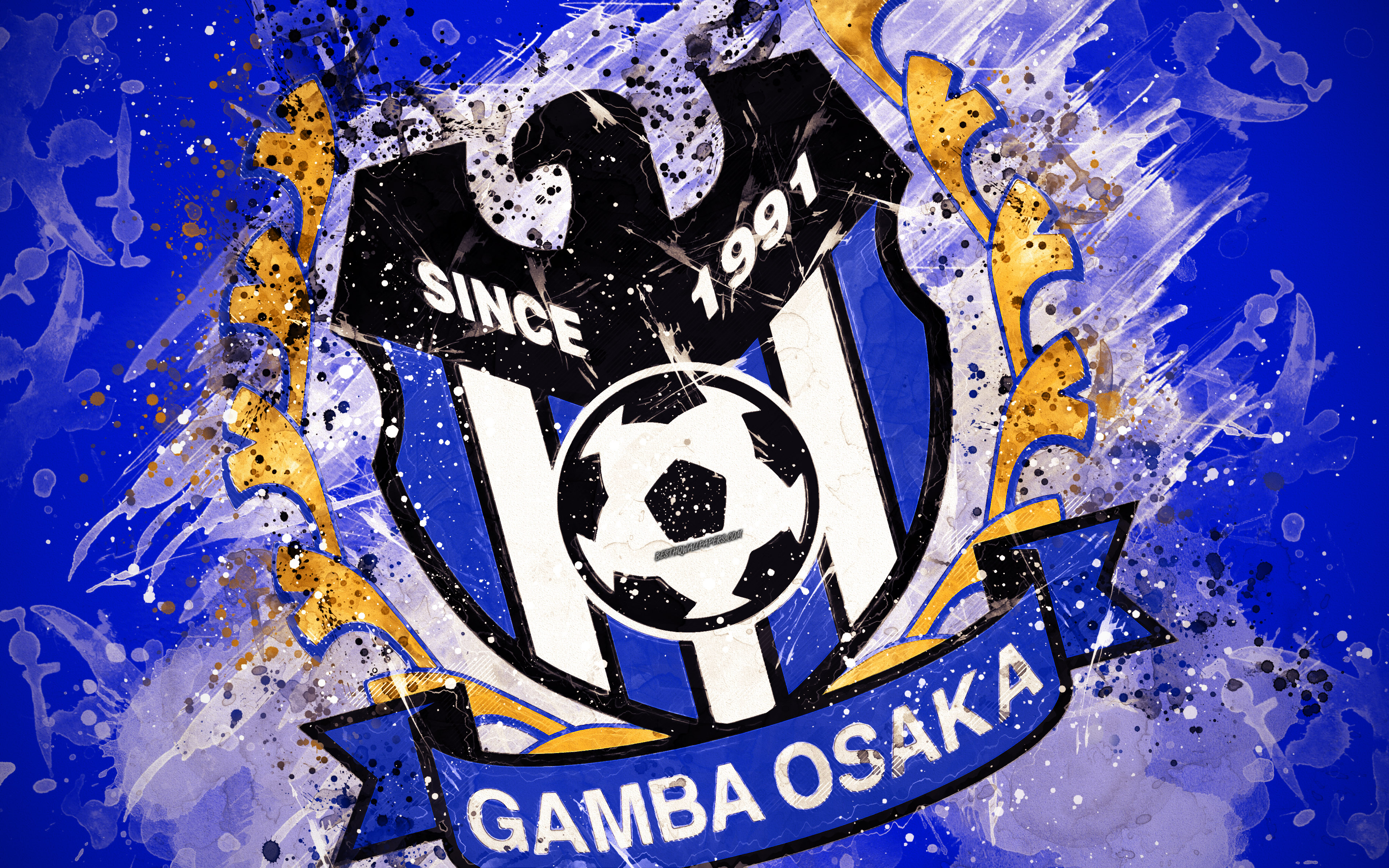 Download Wallpaper Gamba Osaka, G Osaka FC, 4k, Paint Art, Logo, Creative, Japanese Football Team, J1 League, Emblem, Blue Background, Grunge Style, Osaka, Japan, Football For Desktop With Resolution 3840x2400. High Quality HD