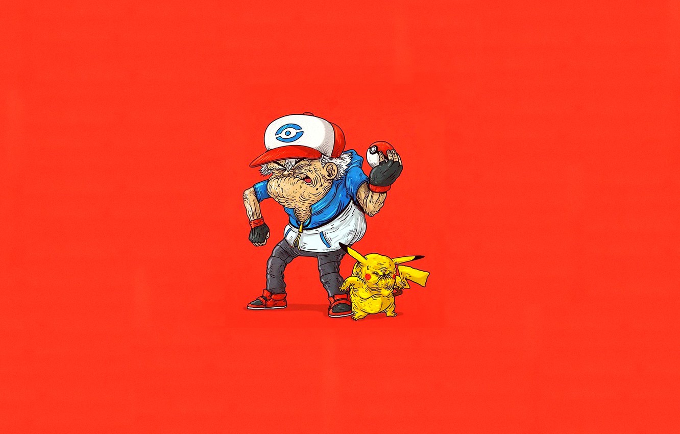 Wallpaper Humor, Red, Art, Pokemon, Pikachu, Pokebol, Ash Ketchum, Old age image for desktop, section минимализм