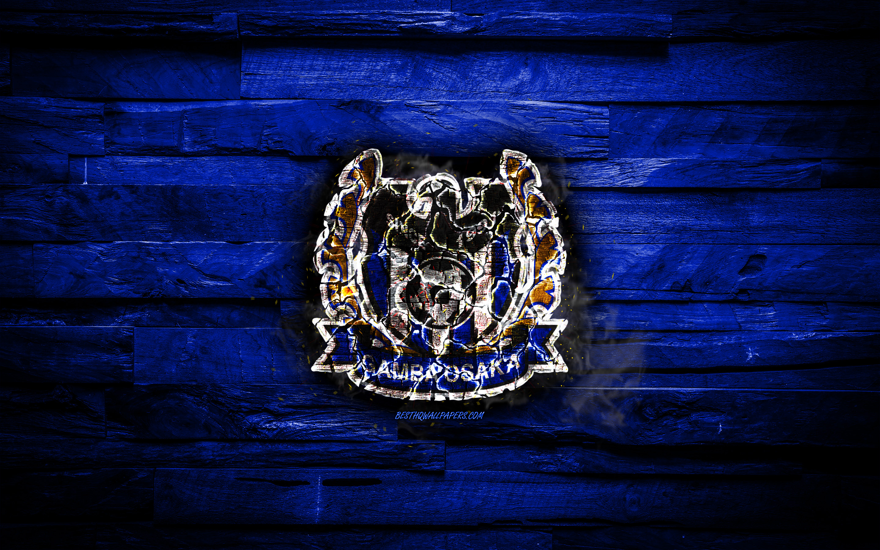 Download Wallpaper Gamba Osaka FC, Fiery Logo, Blue Wooden Background, J League, Japanese Football Club, Grunge, G Osaka, Football, Gamba Osaka Logo, Fire Texture, Japan, Soccer For Desktop With Resolution 2880x1800. High Quality HD