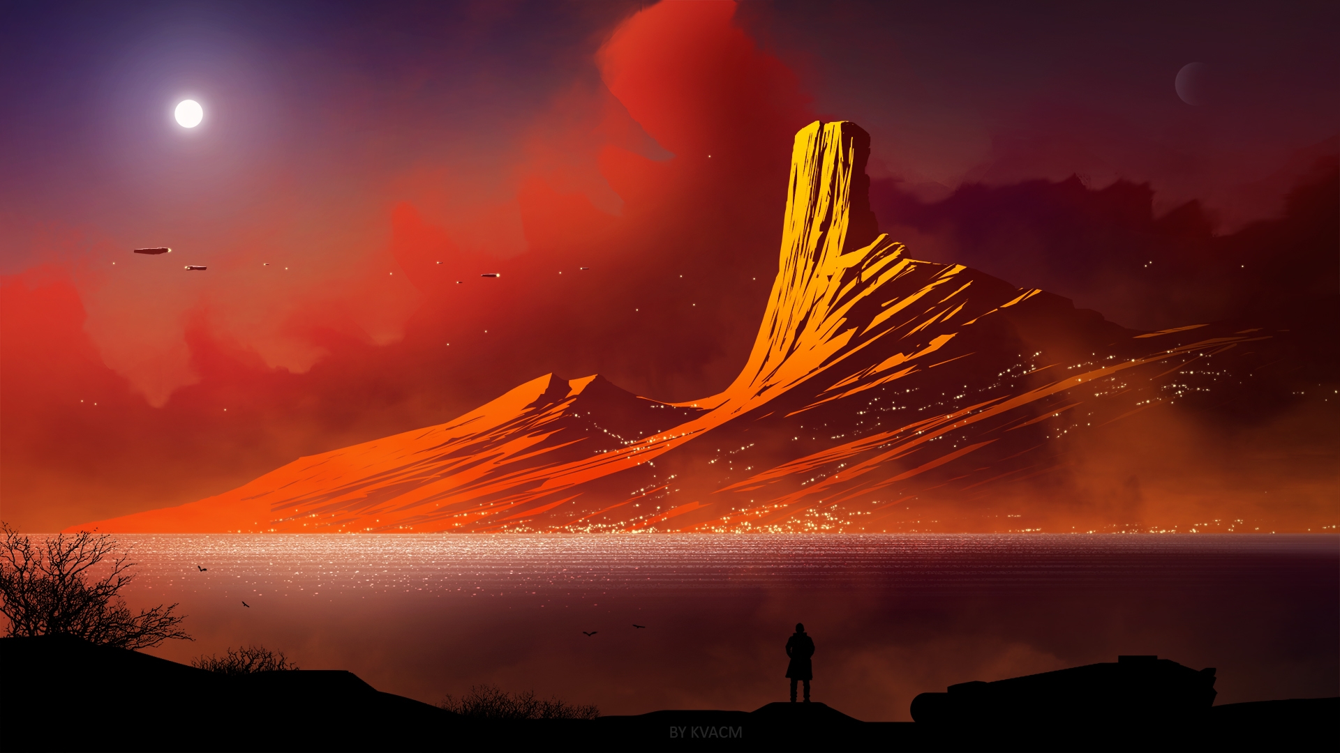 Download 1920x1080 Mountain, Moon, Sky, Lonely Man, Flat Art Wallpaper for Widescreen
