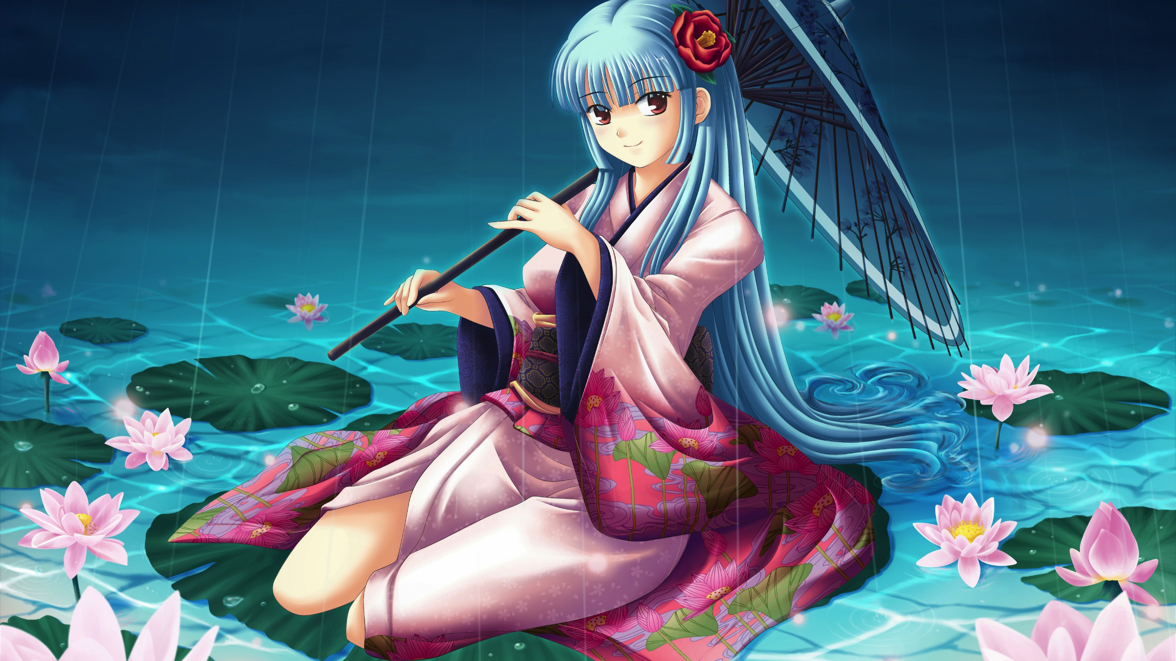 Download wallpaper 3840x2160 pond, lake, flowers, anime girl, rain, umbrella 4k wallpaper, uhd wallpaper, 16:9 widescreen 3840x2160 HD background, 3523