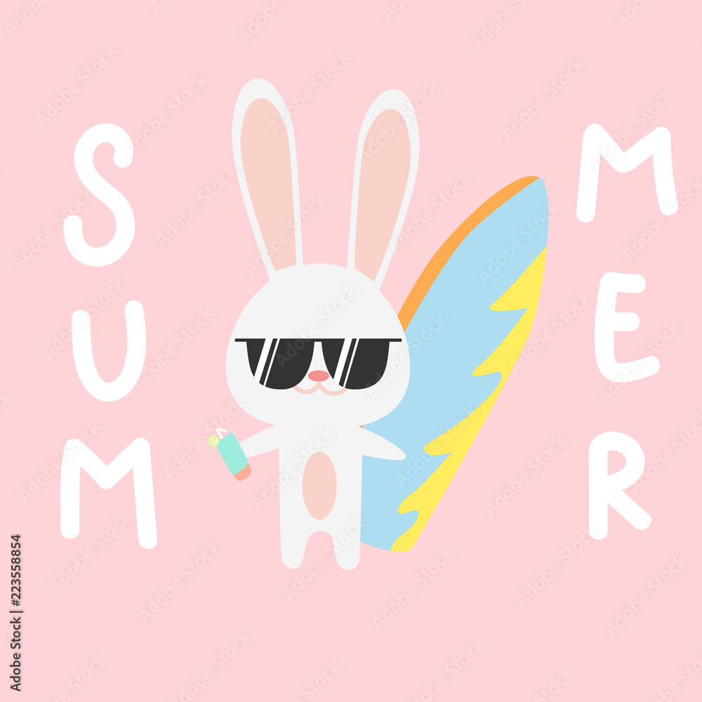 Cute adorable rabbit bunny holding surfboard summer time cartoon background wallpaper flat style Stock Vector