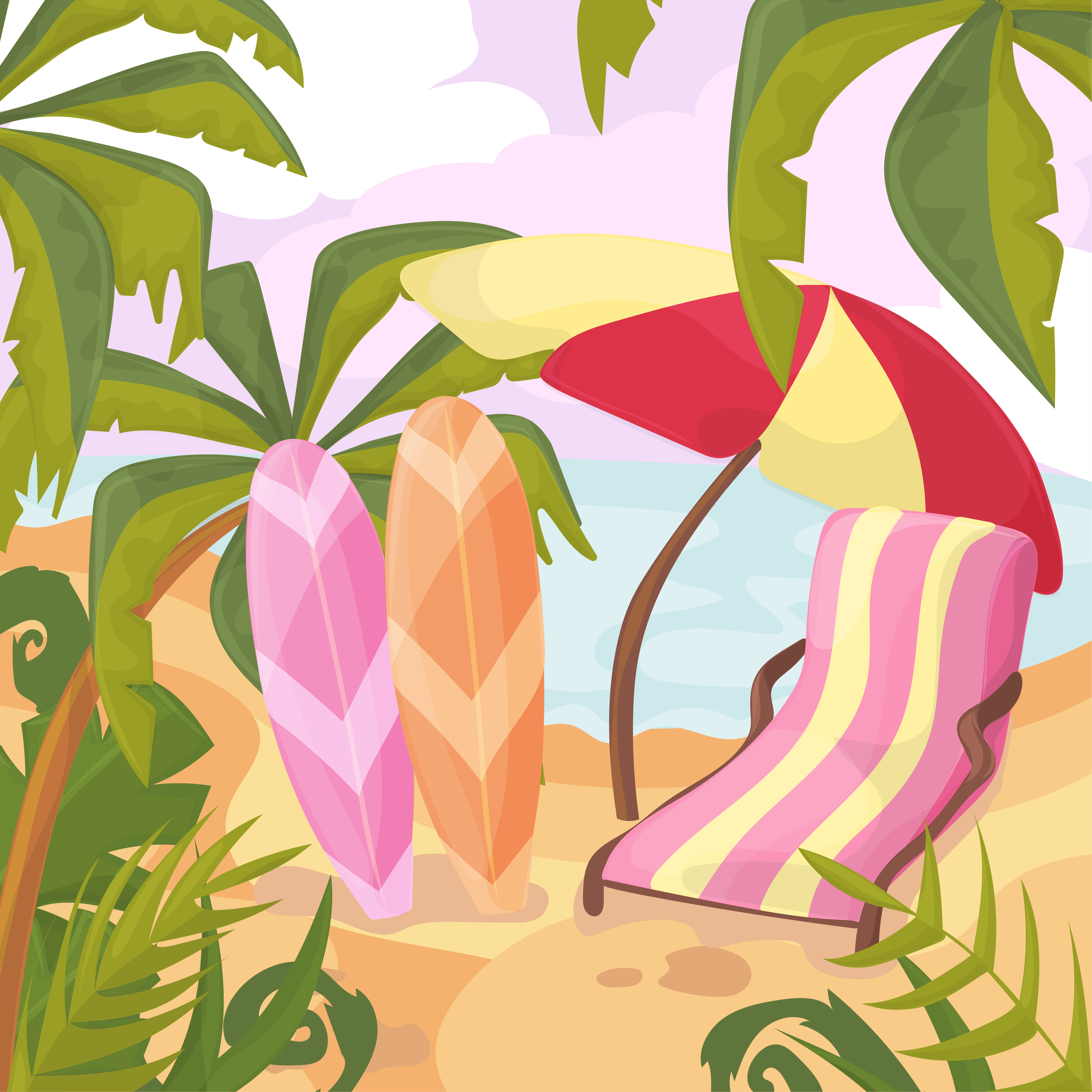 Summertime on the beach. Palms and plants around.Cartoon vector. Summer vacation