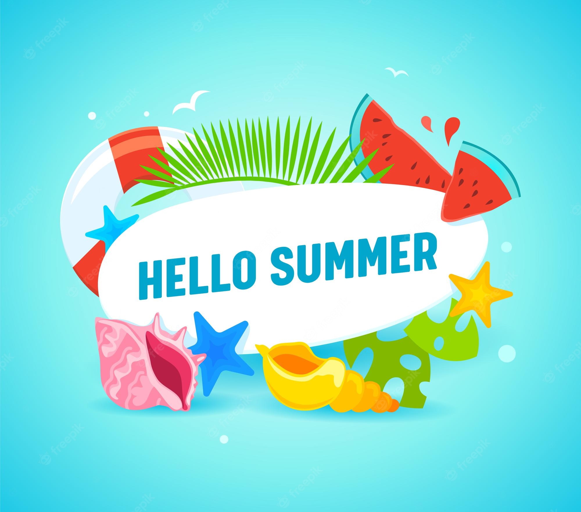Premium Vector. Hello summer wallpaper with typography and summertime items